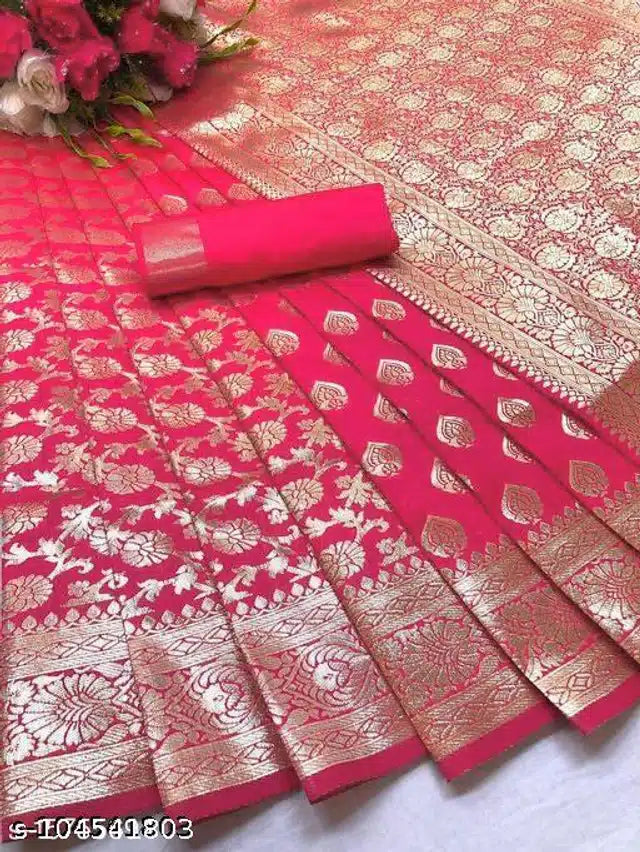 Banarasi Silk Saree With Blouse For Women (Yellow, 6.3M)