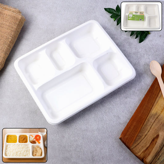 5-compartment Rectangle Lunch Compostable Bagasse Plate 10 Pcs Pack
