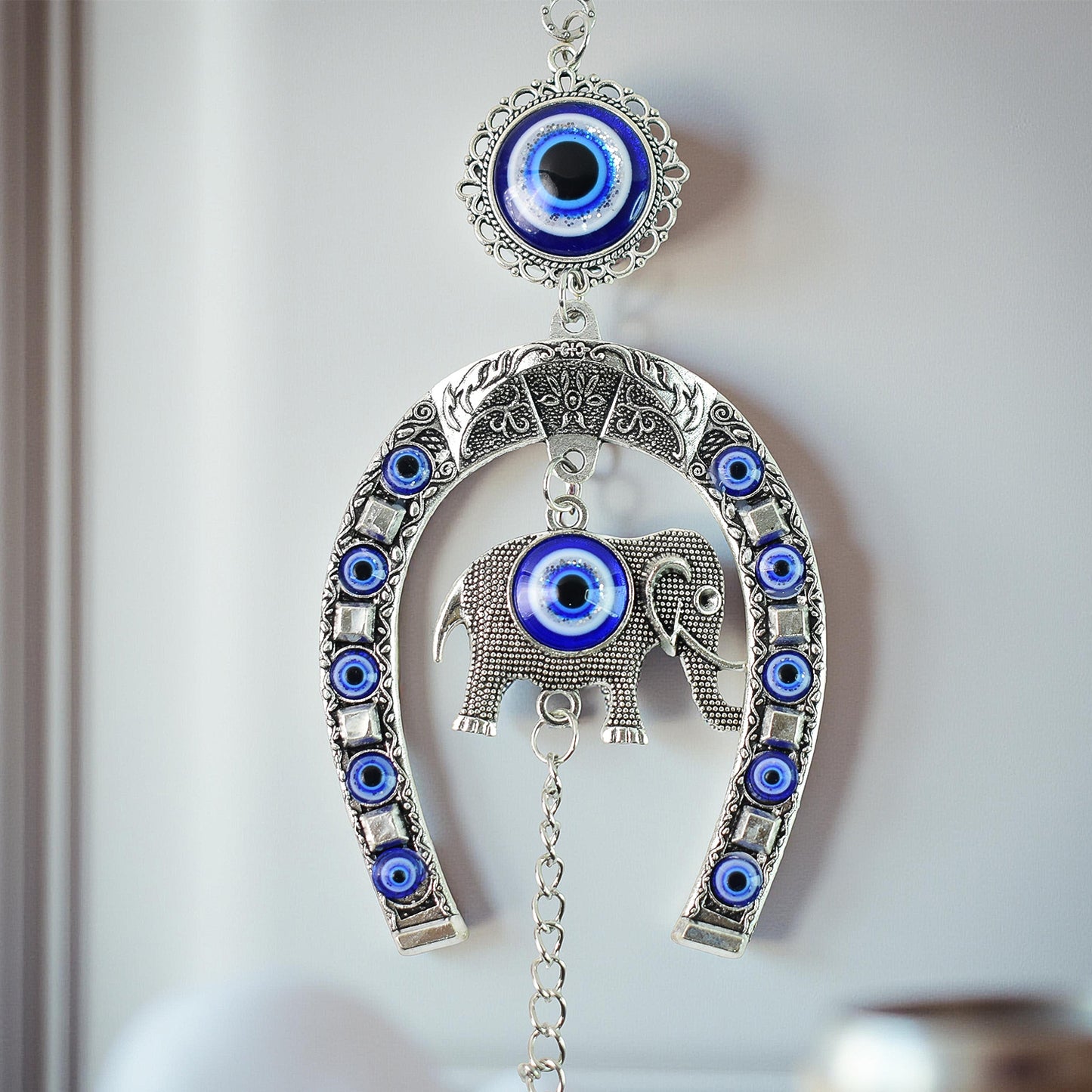 Decorative Evil Eye Hanging With Elephant And Horseshoe Motif Wind Chime (1 Pc)