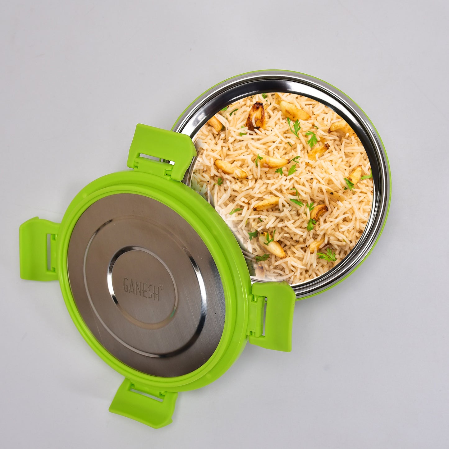 8139 Ganesh Solo Round 400 Stainless Steel Leak Proof Airtight Lunch Pack For Office School Use