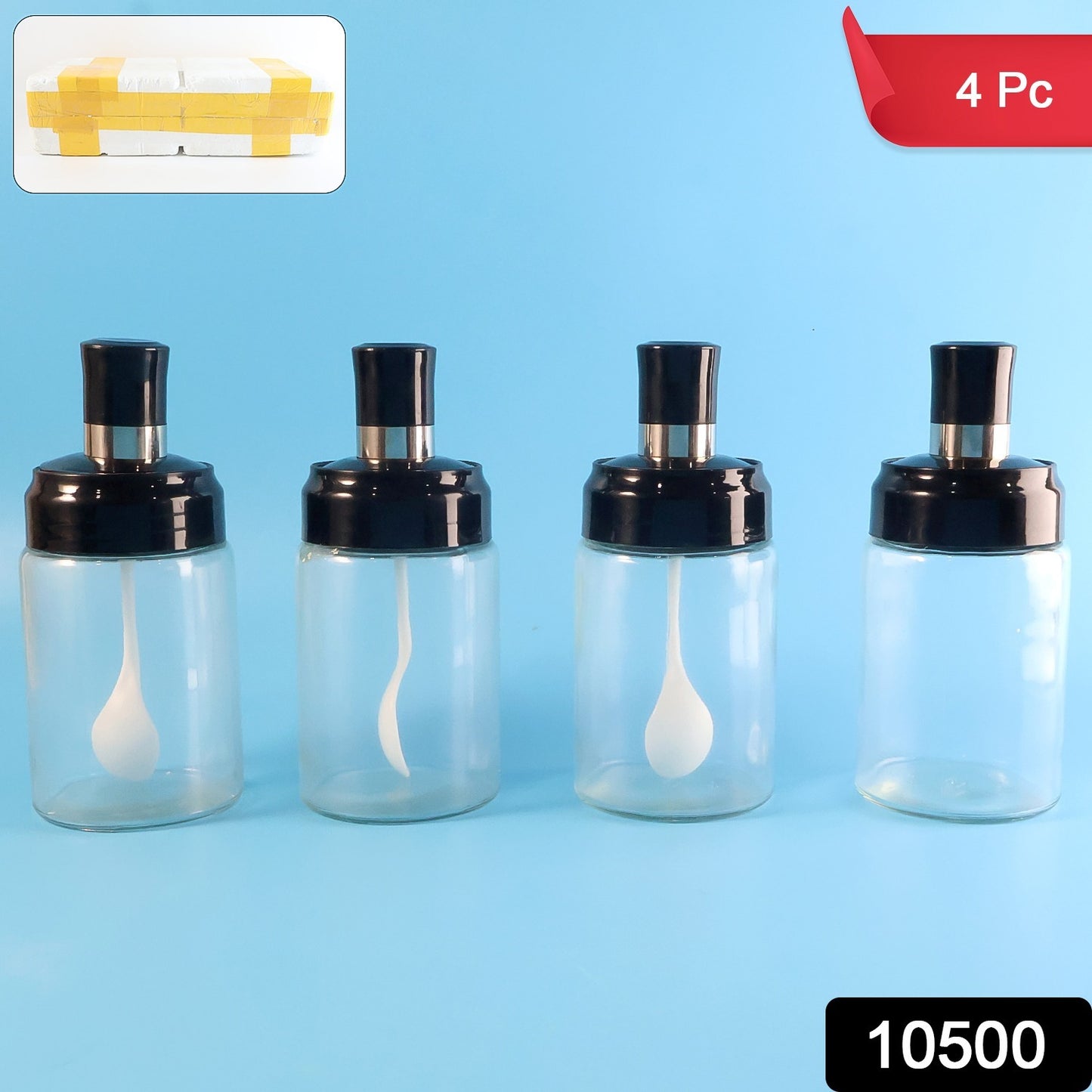 Transparent Spice Jar Set With Spoon  Airtight Lid (4 Pc)