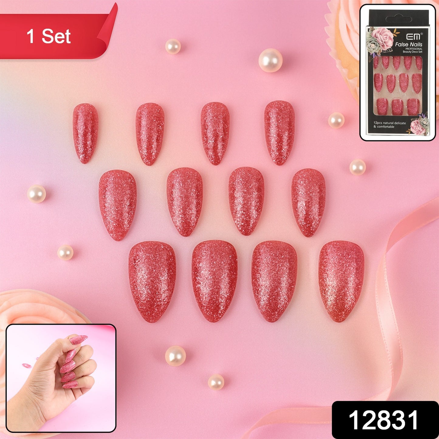 Glitter Press-on False Nails - (1 Set  Mix Color  Design)