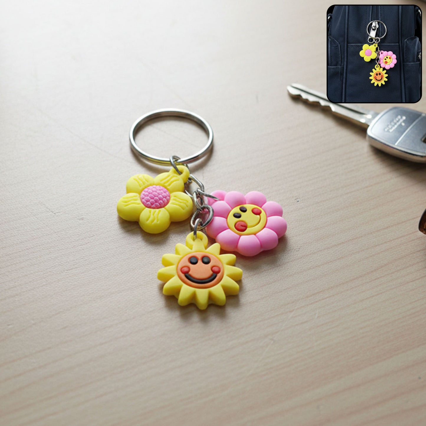 Cute Flower  Smiley Face Cartoon Keychain (1 Pc)