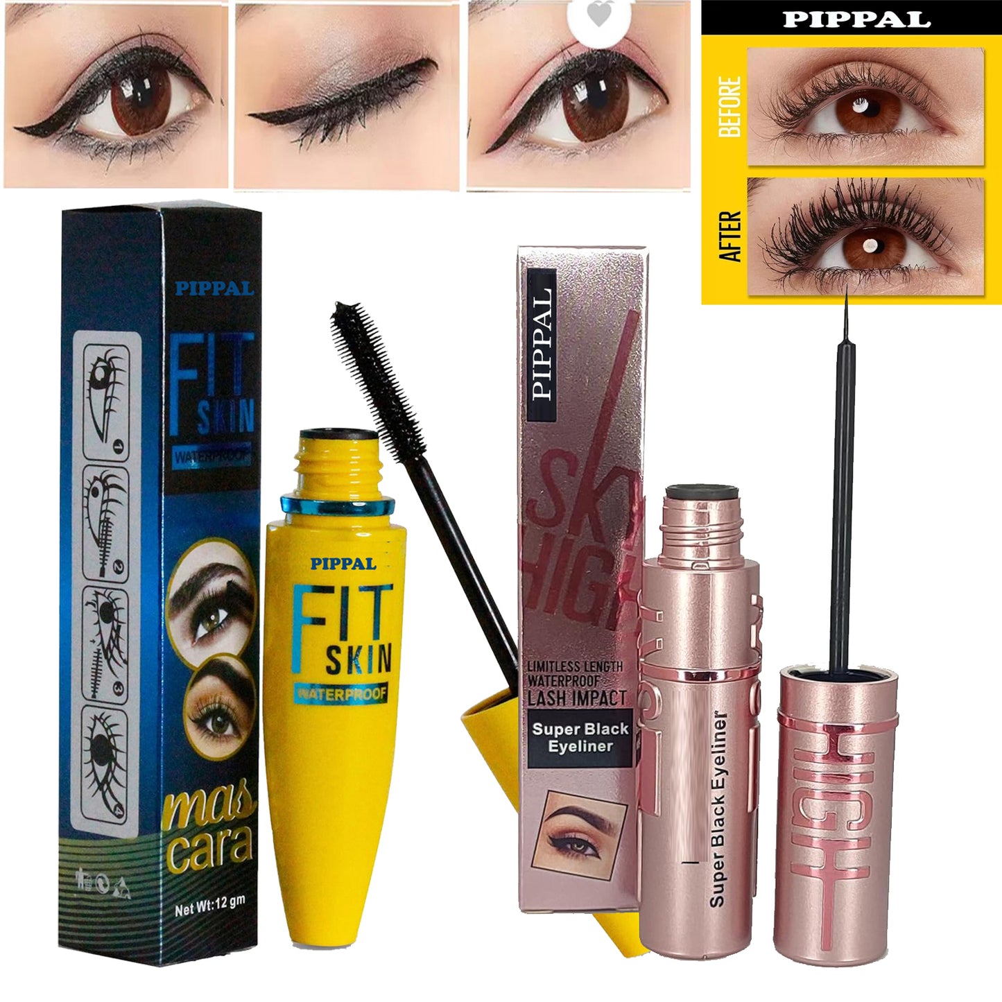 Pippal Fit Skin Mascara with Sky High Eyeliner Ultra Volume Volumizing Eyeliner for Bold And Dramatic Lashes Long Lasting Waterproof 10Gm (Pack of 1)