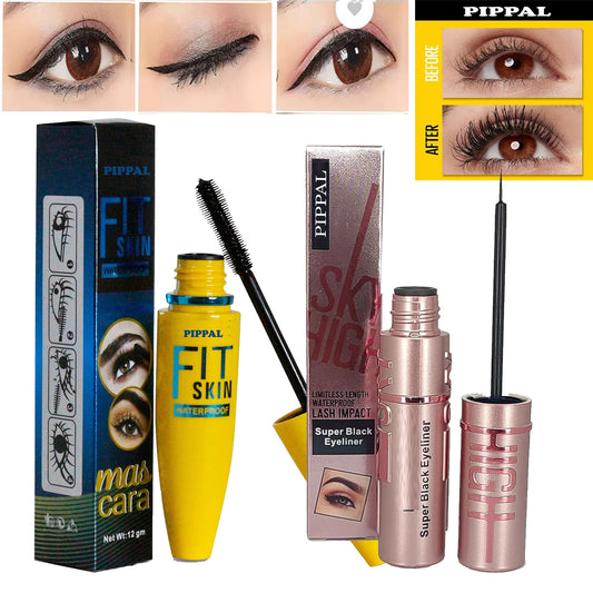 Pippal Fit Skin Mascara with Sky High Eyeliner Ultra Volume Volumizing Eyeliner for Bold And Dramatic Lashes Long Lasting Waterproof 10Gm (Pack of 1)
