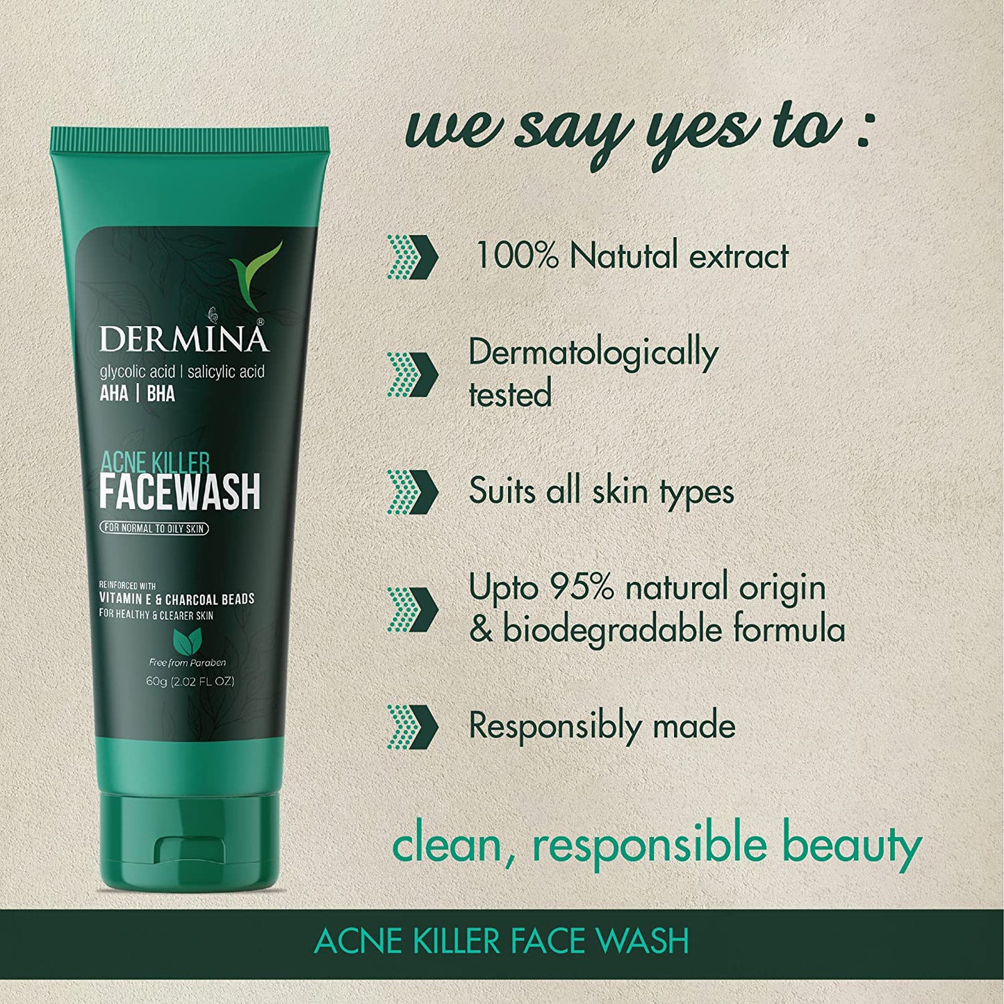 Dermina Acne Killer Facewash with Glycolic Acid, , Vitamin Pack of - 2