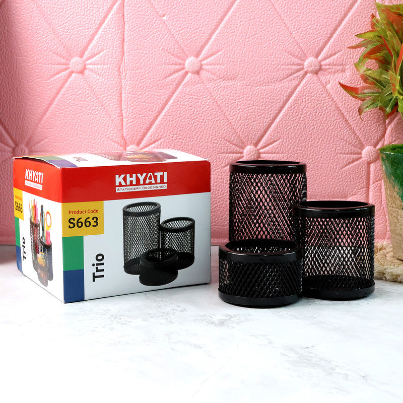 Khyati Trio Metal Mesh Pen Stand  3-in-1 Round Desk Organizer Set