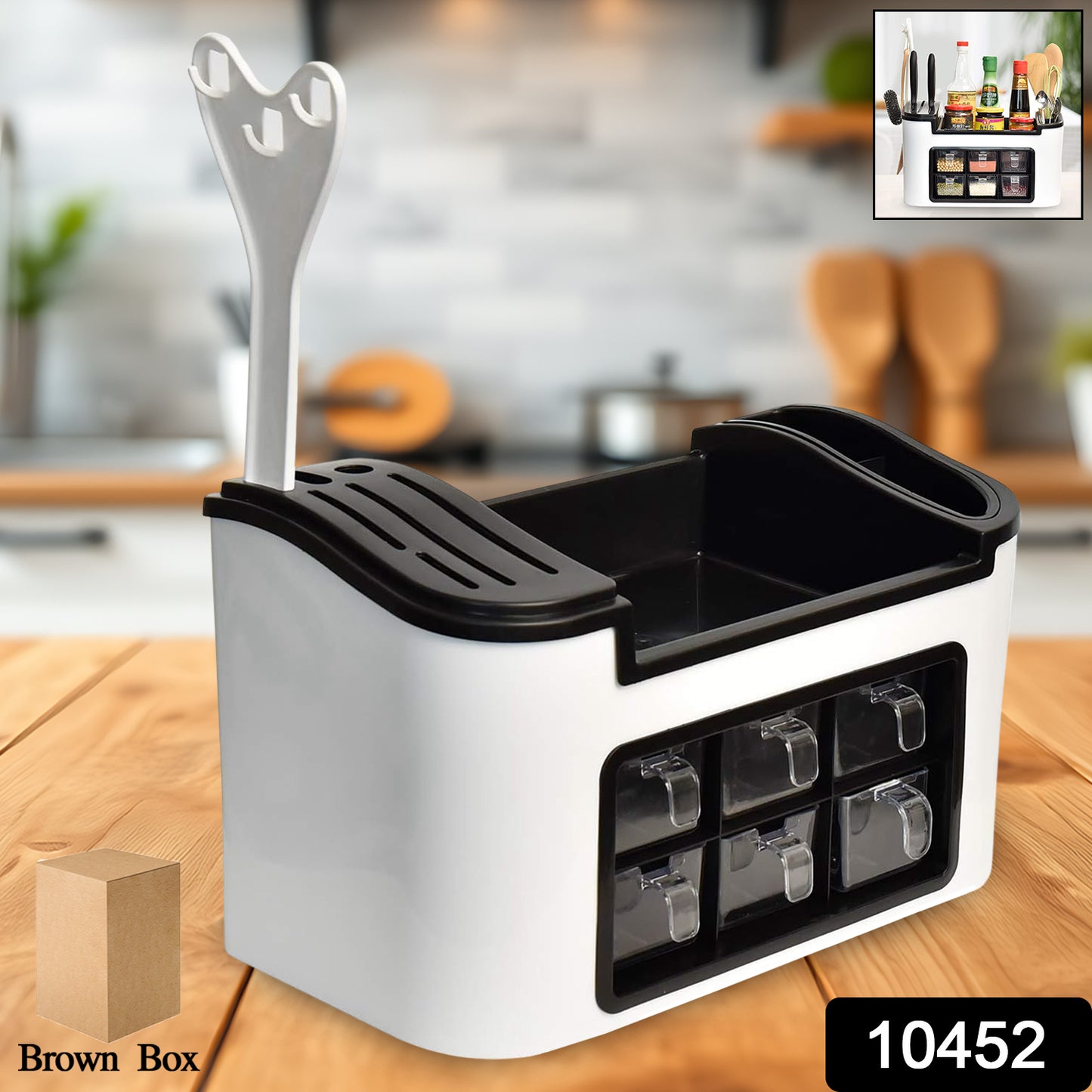 Multifunctional Kitchen Storage Organizer Rack With 6 Spice Containers Knife  Spoon Holder And Top Shelf