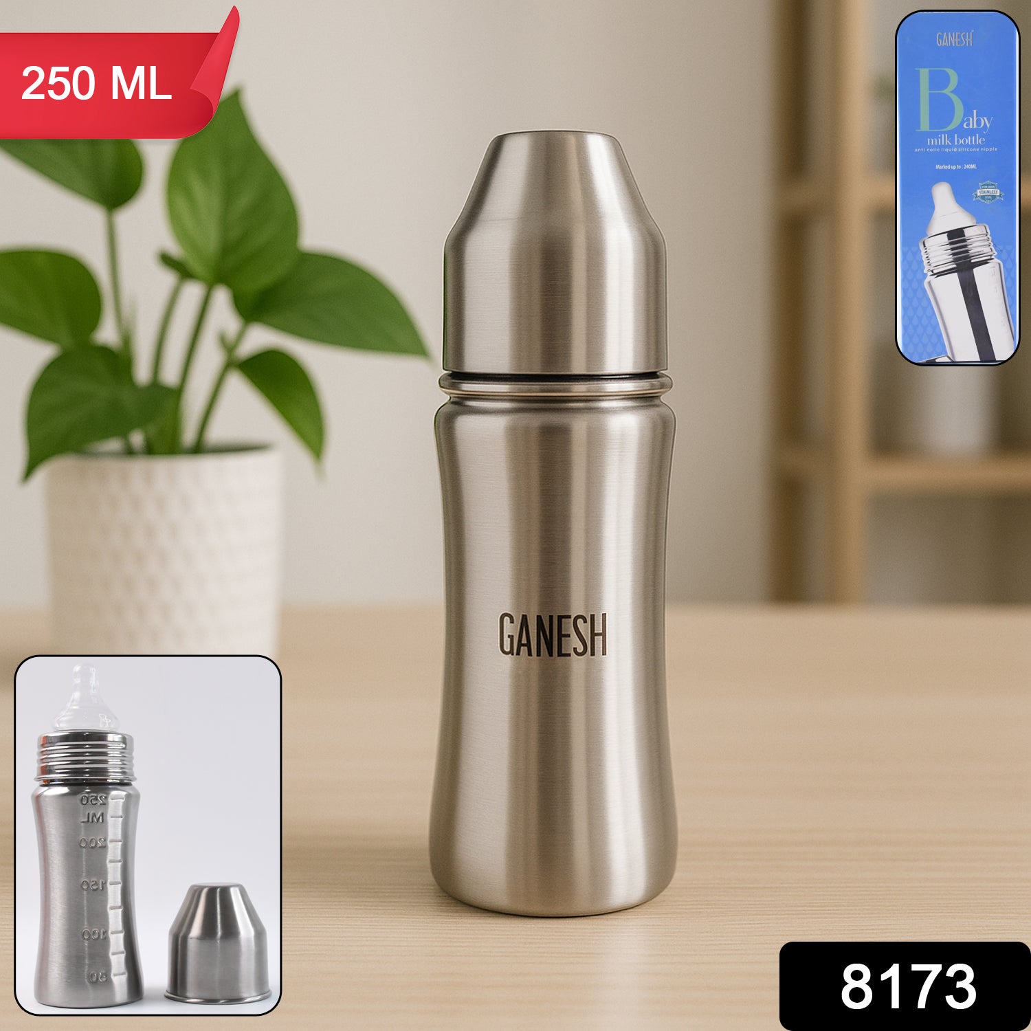 8173 Ganesh Stainless Steel Baby Feeding Bottle Milk Bottle For New Born  Infants  Toddler Up To 3 Years Bfa Free (250 Ml Approx)