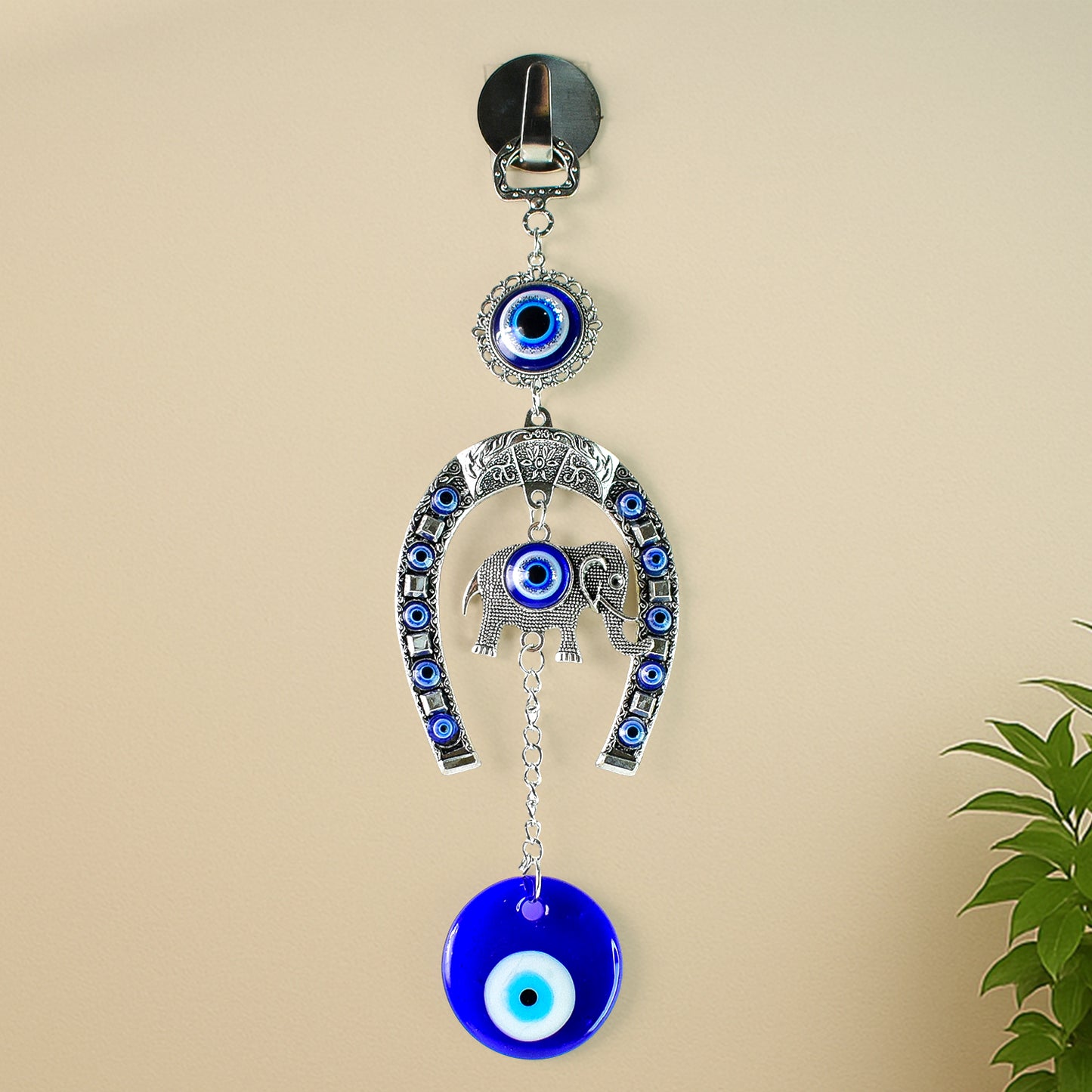 Decorative Evil Eye Hanging With Elephant And Horseshoe Motif  Wind Chime (1 Pc)