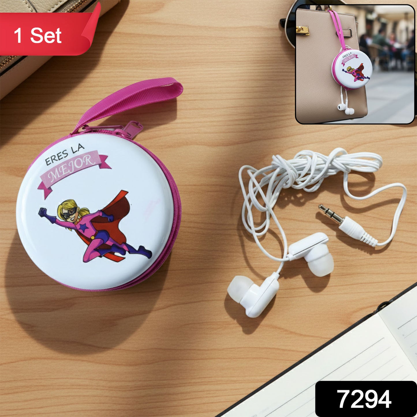 Portable Round Earphone Carry Case With Wired Earphones Set (1 Set)