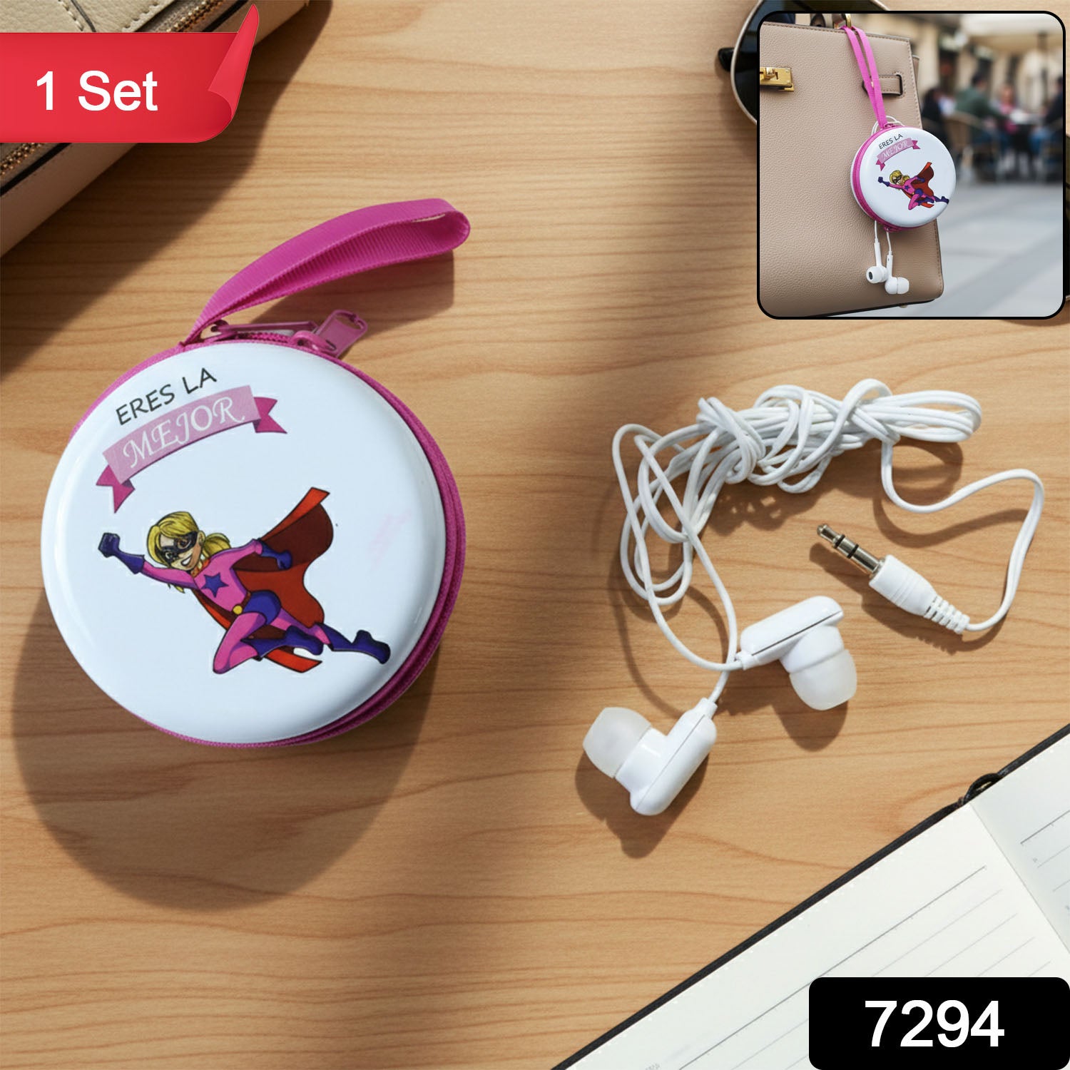 Portable Round Earphone Carry Case With Wired Earphones Set (1 Set)