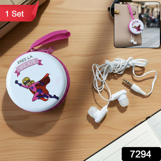 Portable Round Earphone Carry Case With Wired Earphones Set (1 Set)