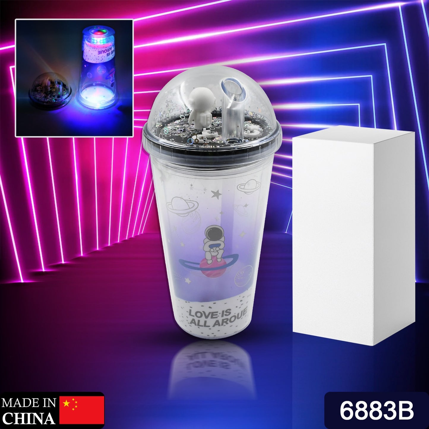 6883b  Led Glow Light Design Printed Insulated Double Wall Plastic Tumbler Cups With Straws 13oz Theming Astronaut In Space Travel Tumbler Freezer Mug Drinking Cups For Boys And Girls Schooltuitiongym Picnic (Pack Of 1)