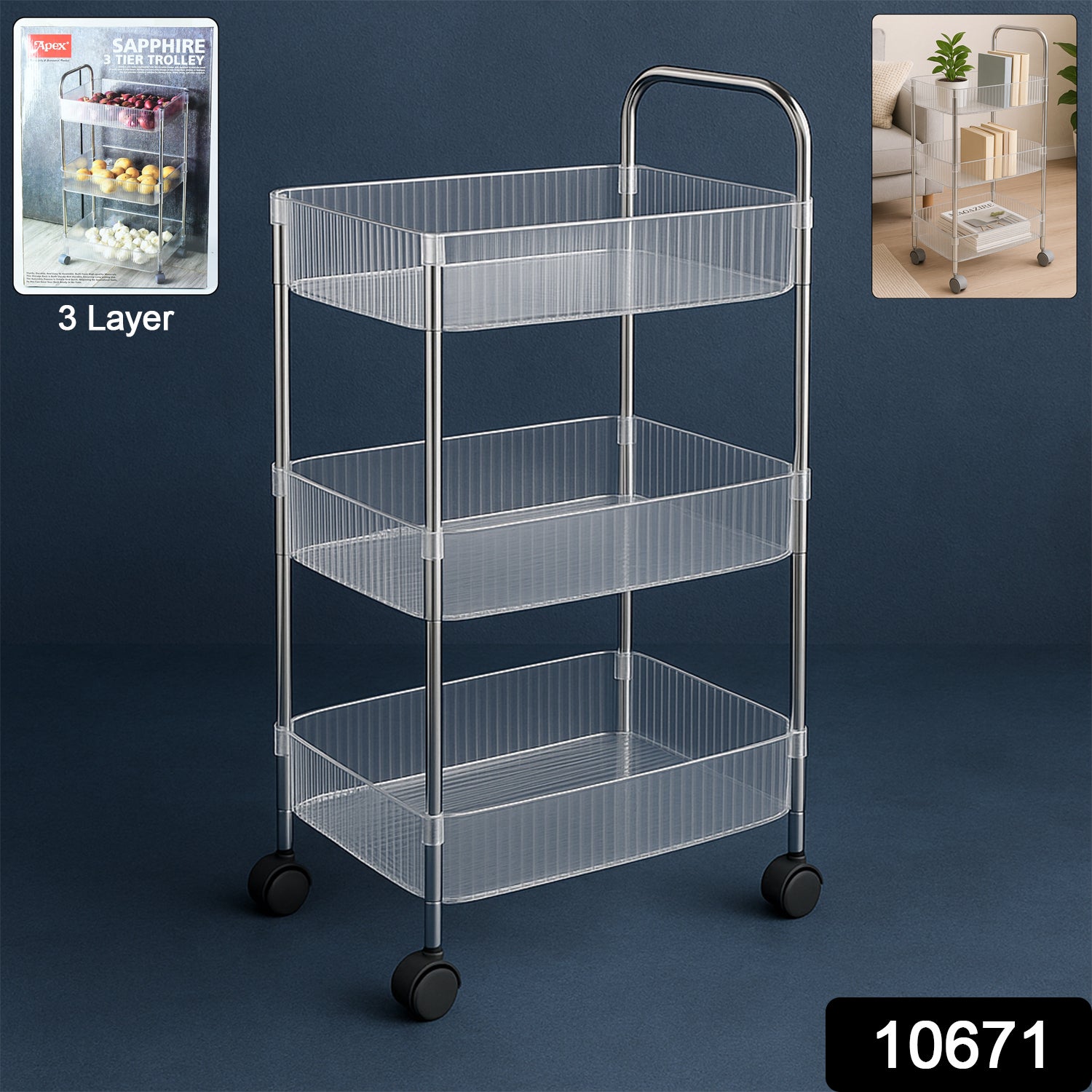 Apex Sapphire 3-layer Multipurpose Storage Trolley With Wheels