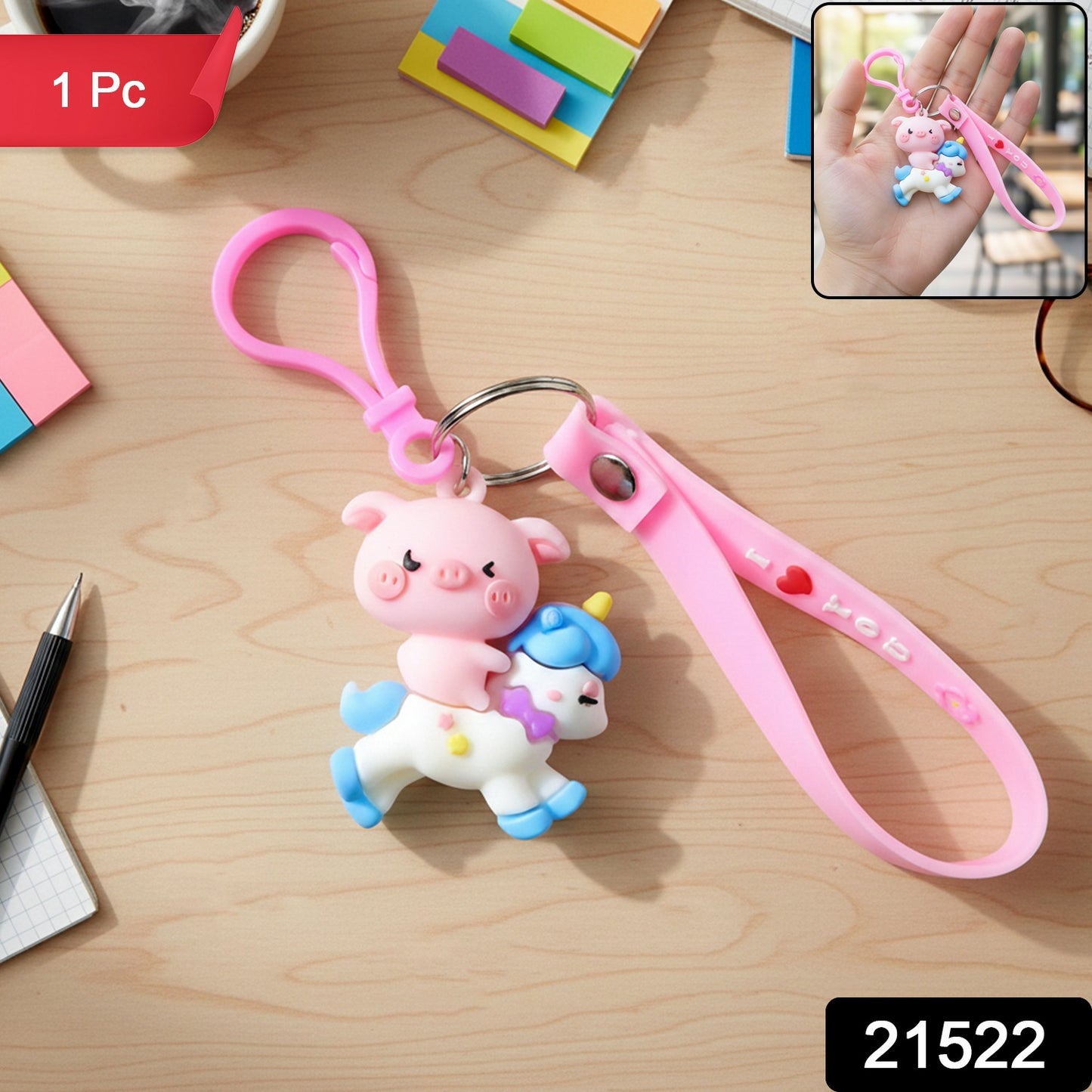 Cute Pig Riding Unicorn Cartoon Keychain (1 Pc)