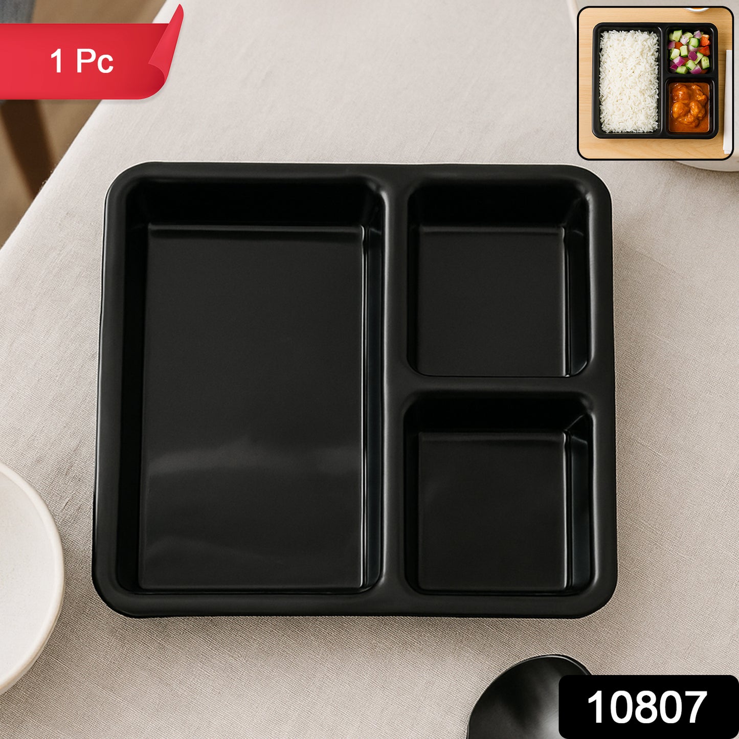 Plastic Multi-compartment Meal Serving Tray  3-section Rectangular Dining Plate (1 Pc  Black)