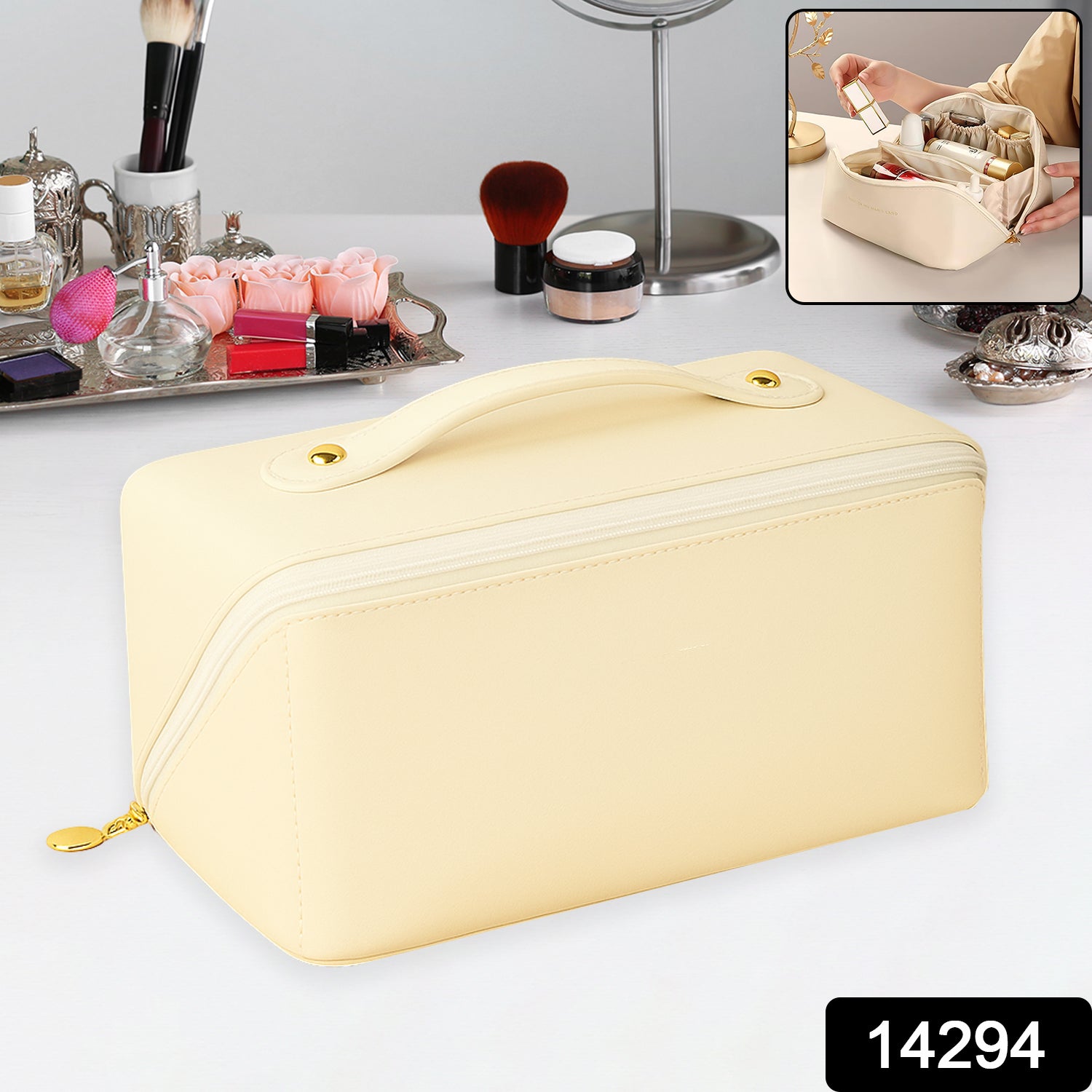 Premium Cream Travel Makeup  Toiletry Organizer Pouch With Zipper  Handle (1 Pc)