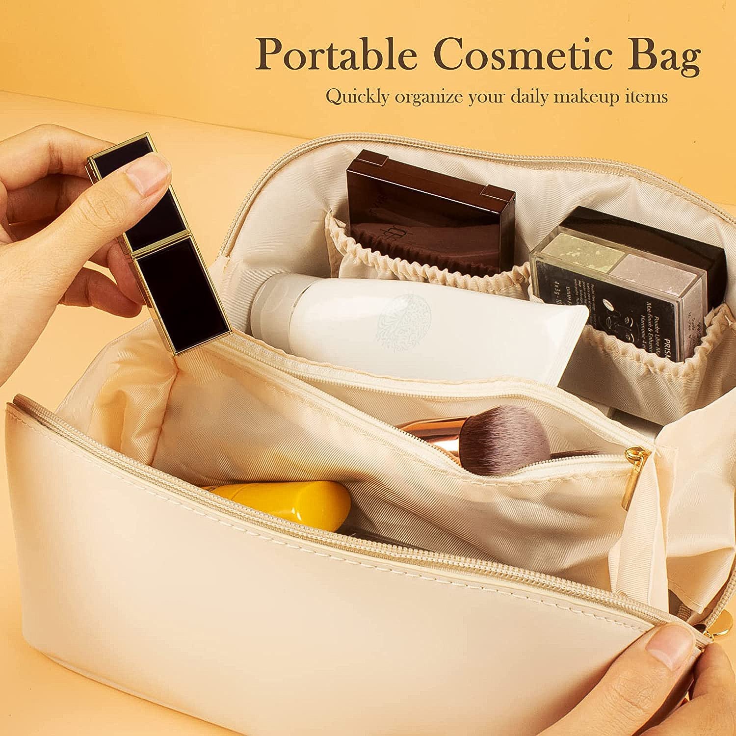 Premium Cream Travel Makeup  Toiletry Organizer Pouch With Zipper  Handle (1 Pc)