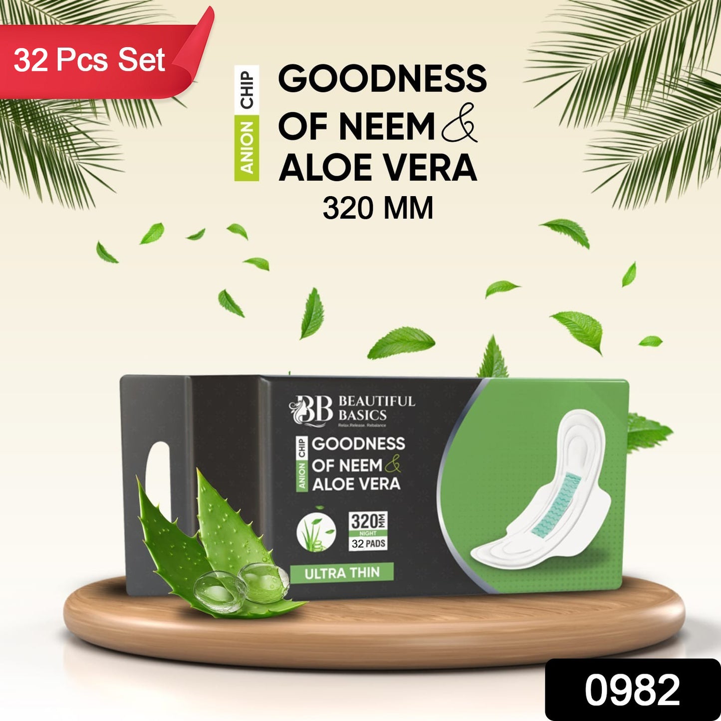0982 Sanitary Pads For Women With Goodness Of Neem  Aloe Vera  Ultra Thin  Leakage Protection  Ph Balance  With Antibacterial Anion Chip  5x More Absorbance (320 Mm  32 Pads)