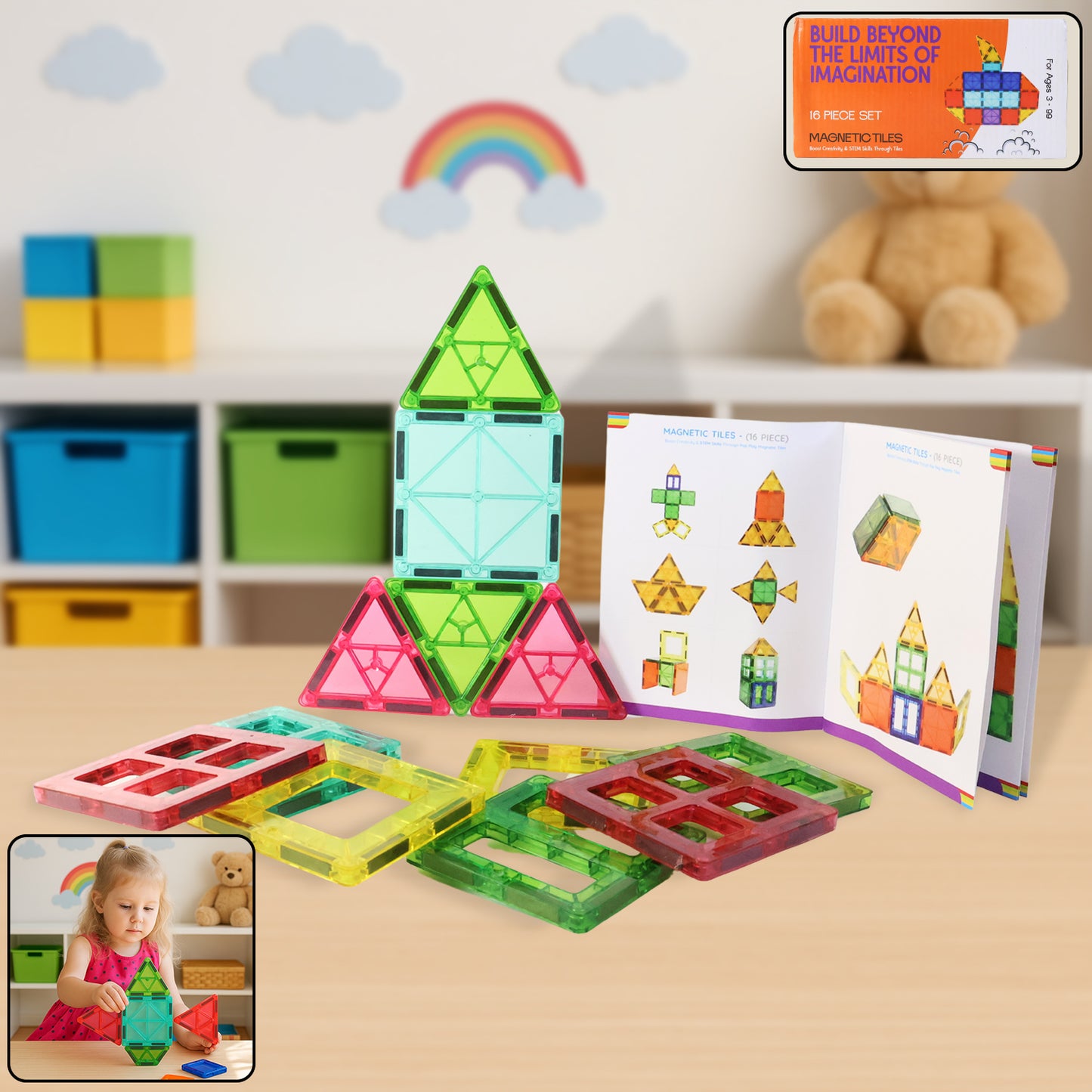Magnetic Building Tiles Construction Toy Set (16 Pc  Set)