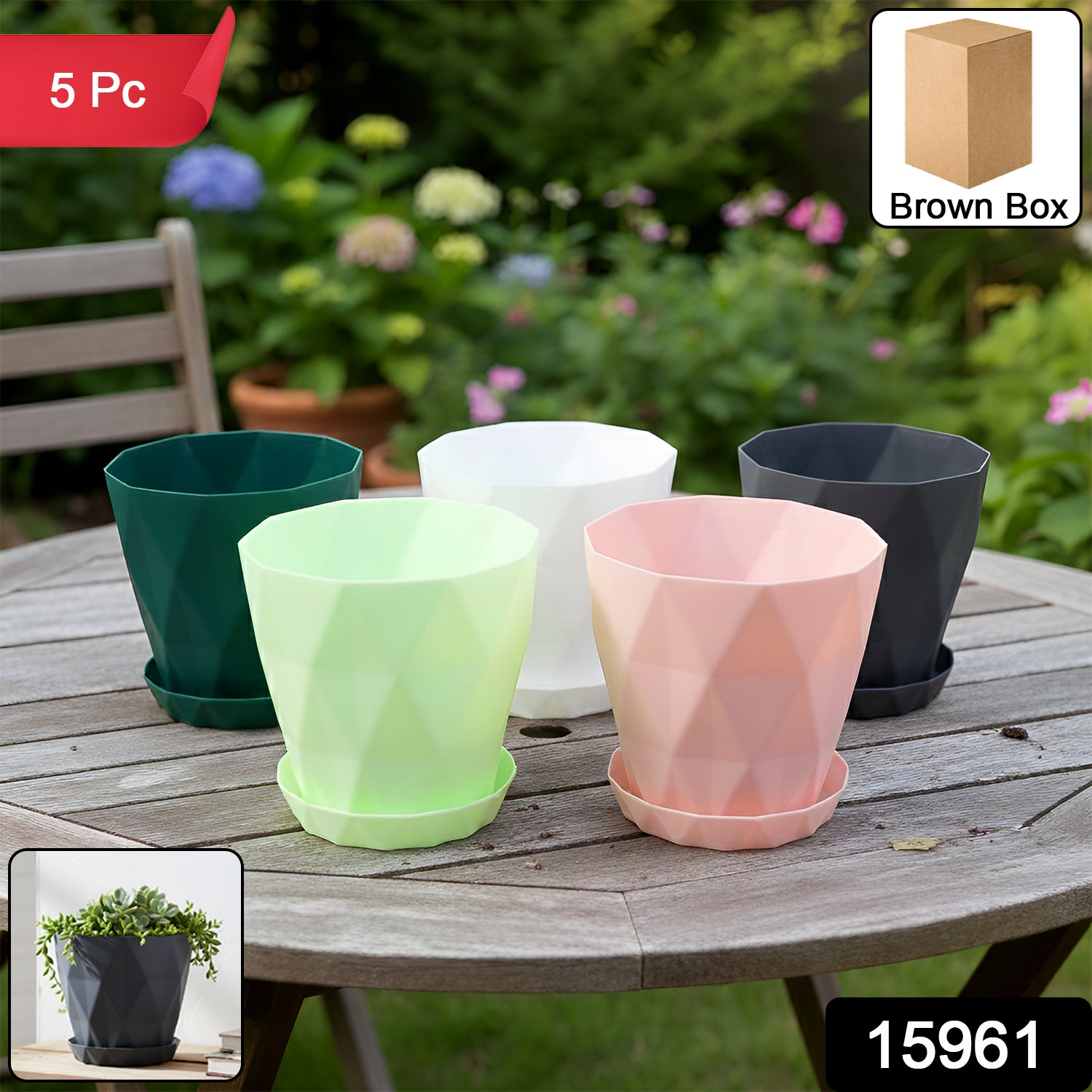Diamond Design Plastic Flower Pot Set With Drain Tray (5 Pc)