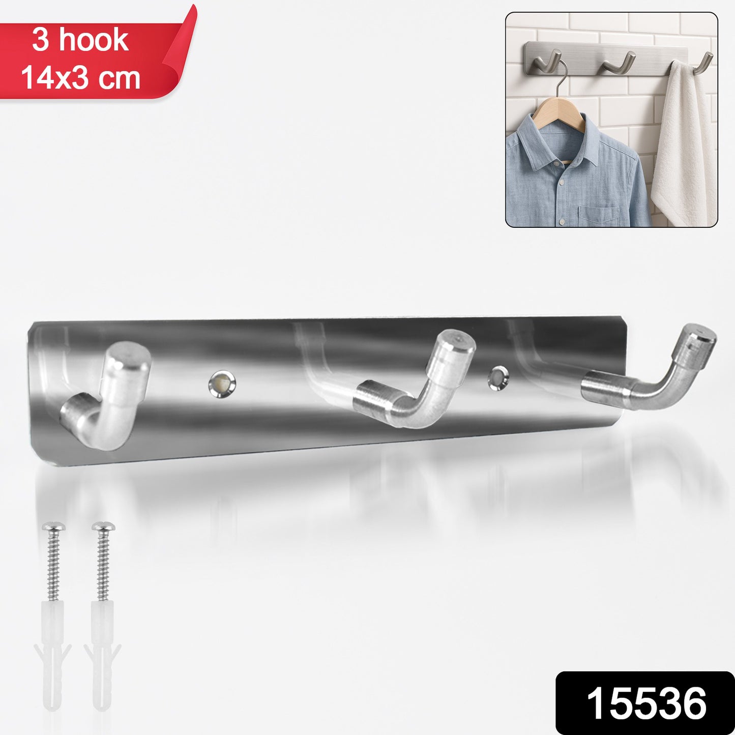 Stainless Steel Wall Mounted Coat 3 Hook Rack (14x3  1 Pc)