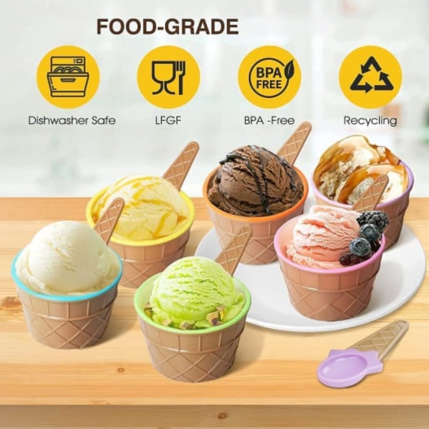 5321  Ice Cream Bowl  Spoon Set Plastic Solid Colour Cream Cup Couple Bowl With Spoon. Ice Cream Spoon  Bowl Set 12 Pc Set Of Ice Cream Bowl  Spoon (Multi Color)