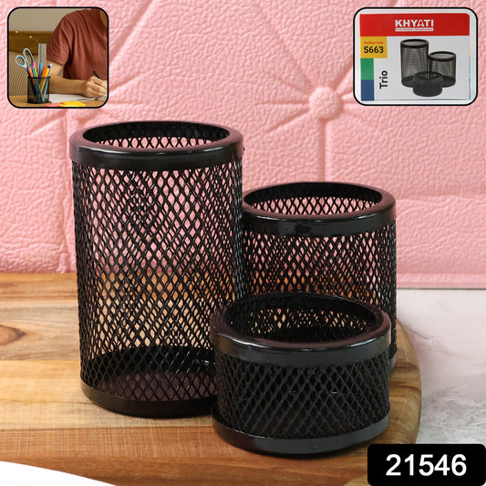 Khyati Trio Metal Mesh Pen Stand  3-in-1 Round Desk Organizer Set
