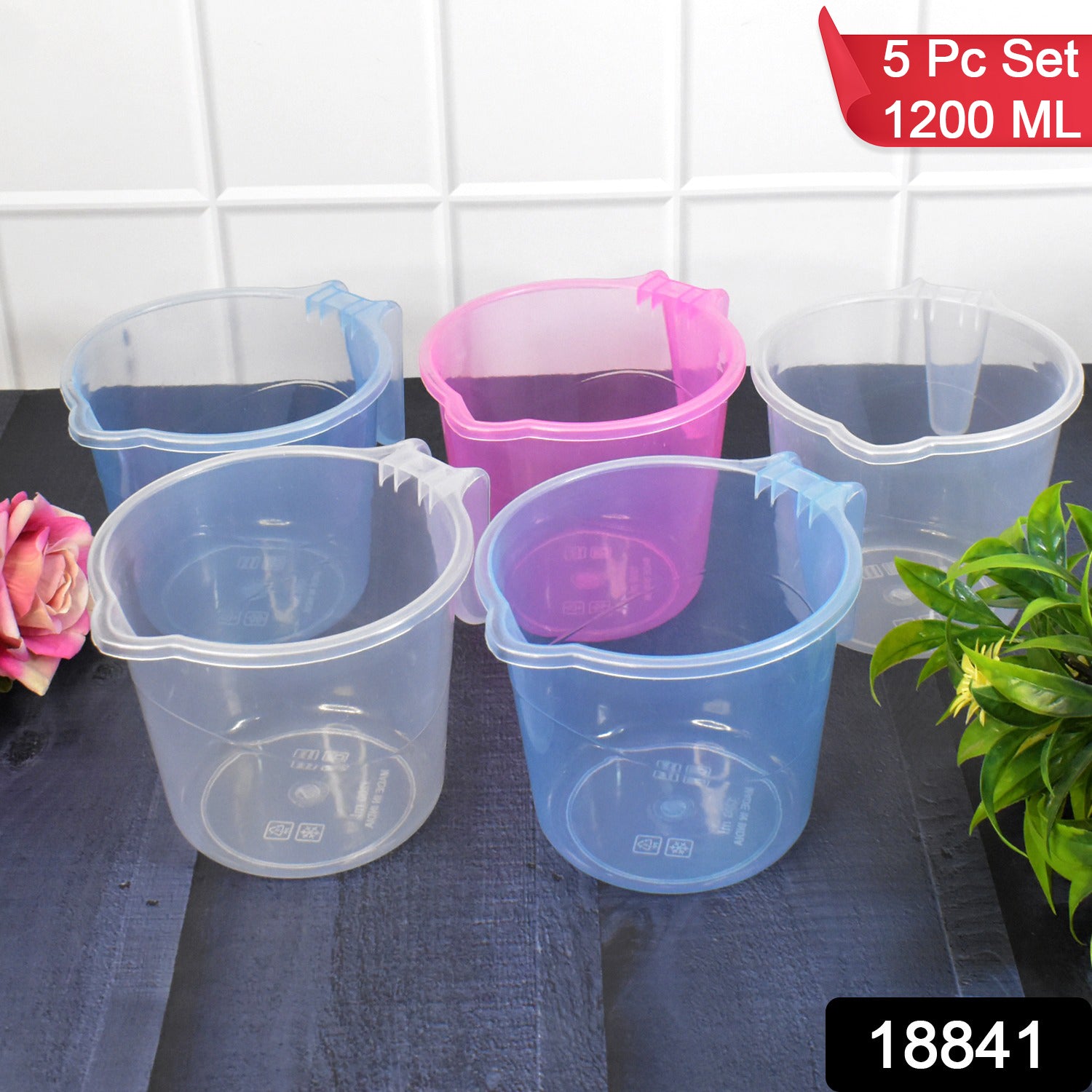Plastic Round Transparent Bath Water Mug (5 Pc  Mix Colour  1200 Ml)