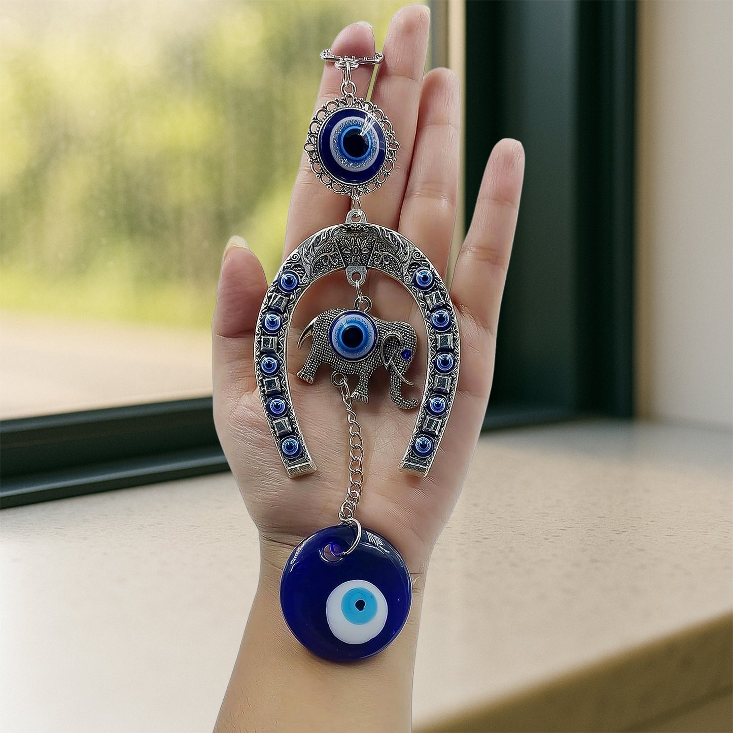 Decorative Evil Eye Hanging With Elephant And Horseshoe Motif  Wind Chime (1 Pc)