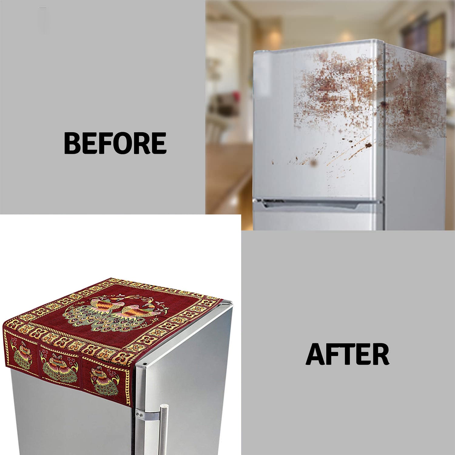 8889 Cotton Fridge Top Cover Set - Standard Appliance Covers Fridge Dustproof Cover With Peacock Deign 6 Utility Side Pockets Fridge Cover For All Types Fridge Refrigerator Use (100x60cm)