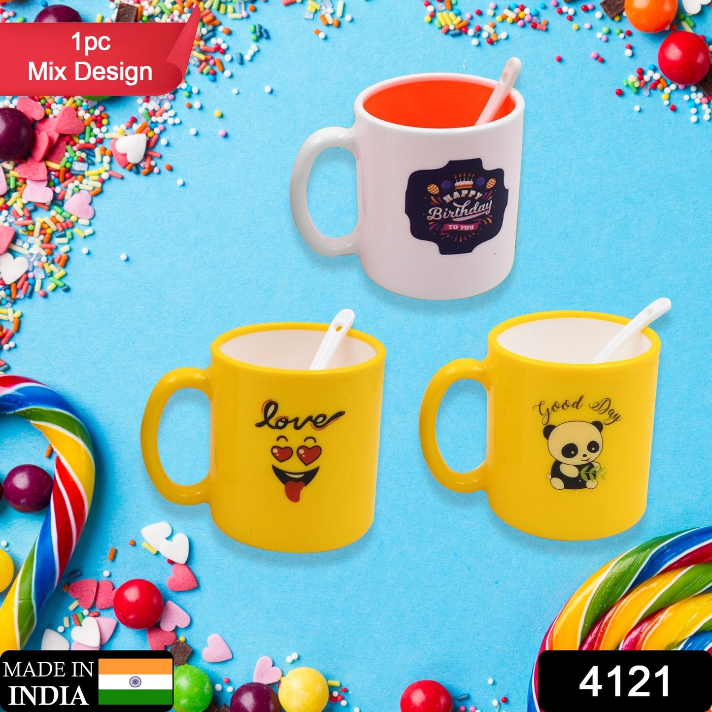 4121 Mix Design  Color Coffee Mug With Spoon And Box Packing Design Coffee Mug Used For Drinking And Taking Coffees And Some Other Beverages In All Kinds Of Places (1 Pc)