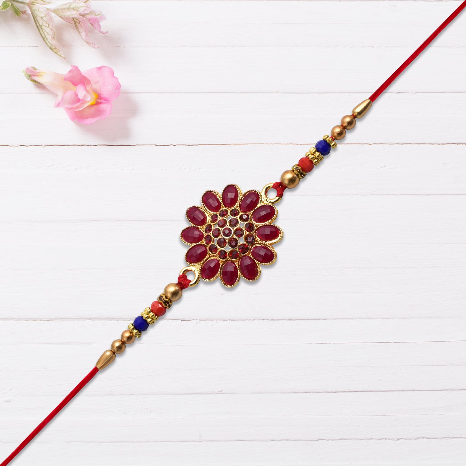 Red Floral Stone Rakhi With Bead Accents