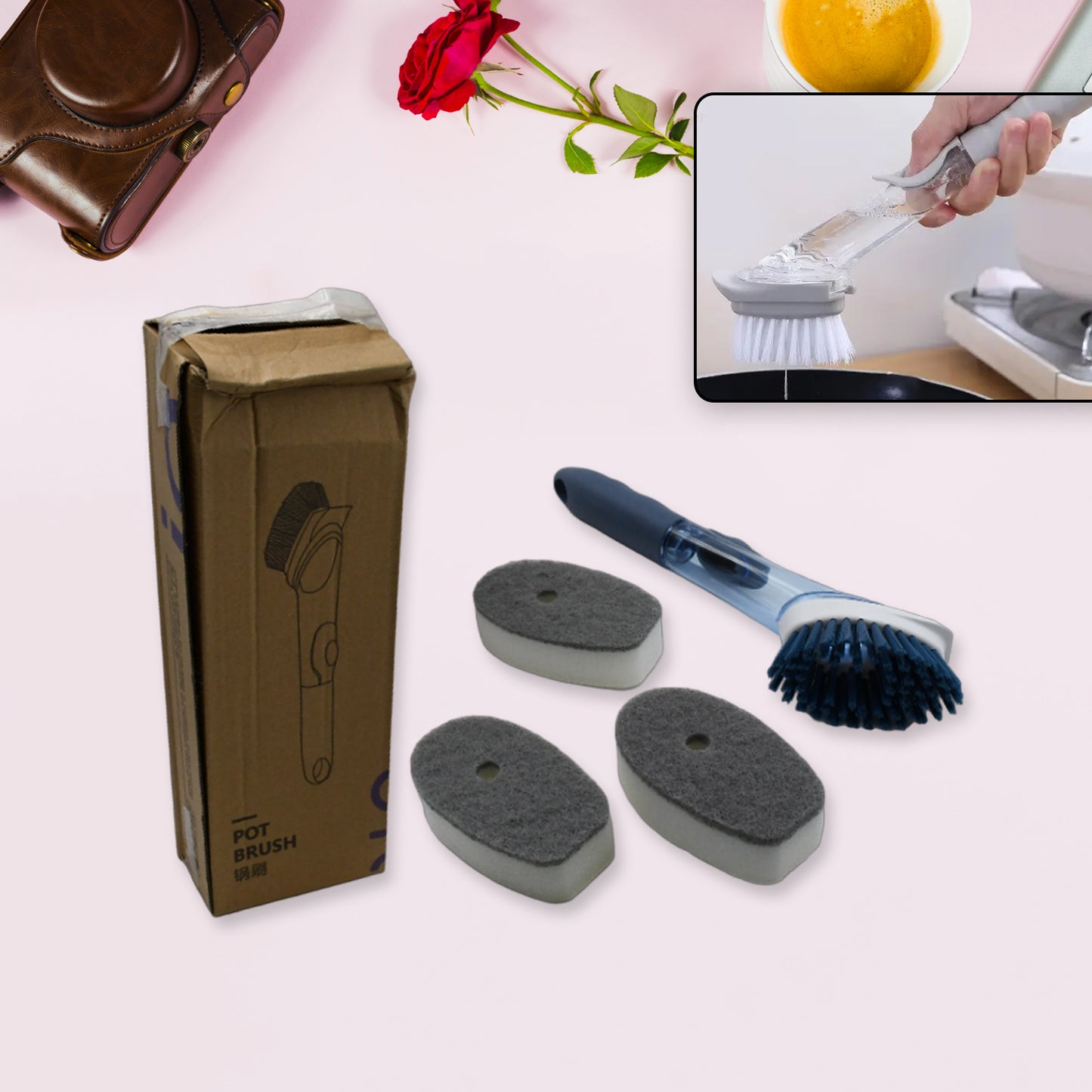 1271c Mix Color Dish Scrubber With Soap Dispenser Soap Dispensing Dish Brush Set Dishwashing Brushes Kitchen Scrub Dish Wand For Dishes Sink Pot Pan Cleaning And Washing1 Handle3refill Replacement Head
