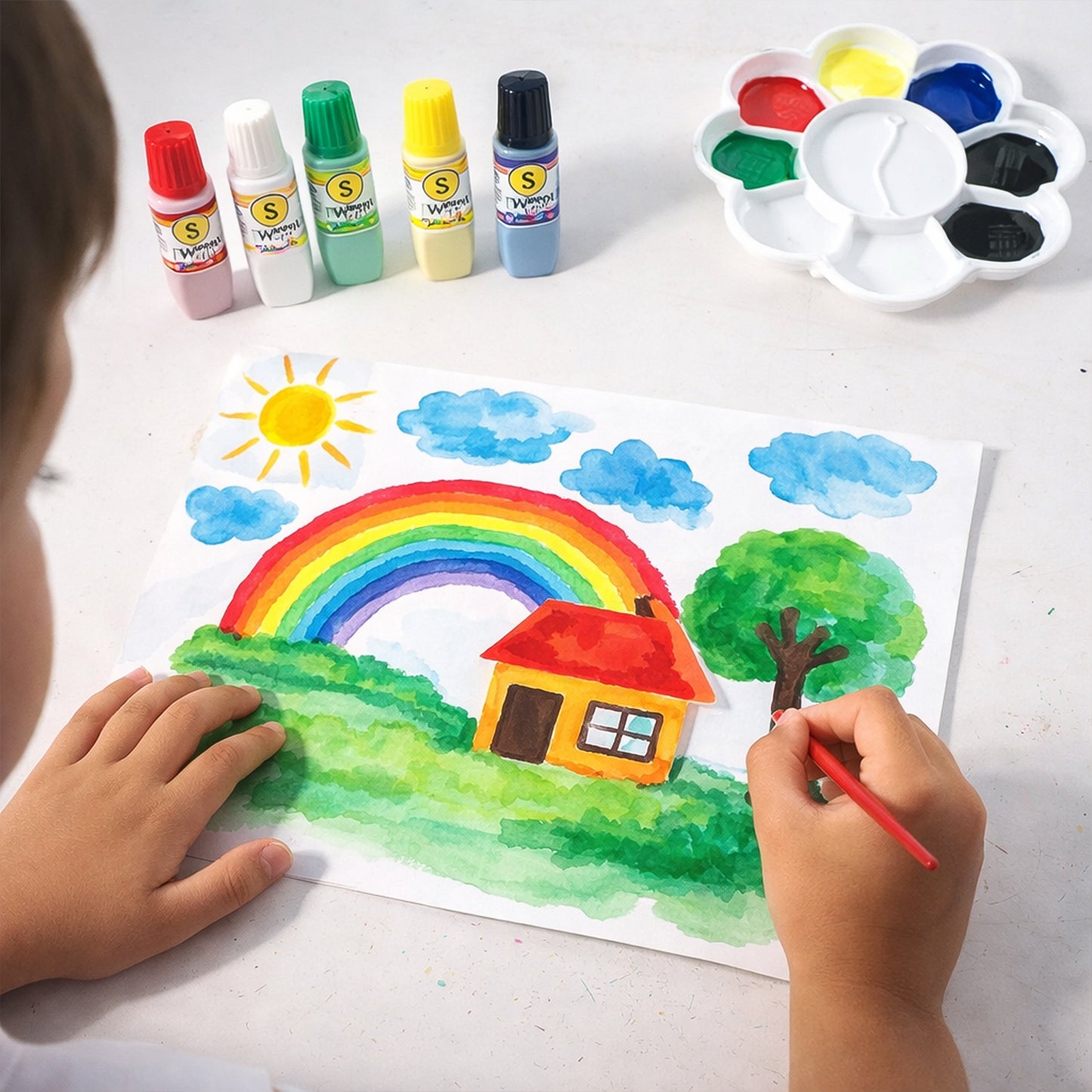Kids Water Colour Painting Set With Brush  Mixing Palette (1 Set)