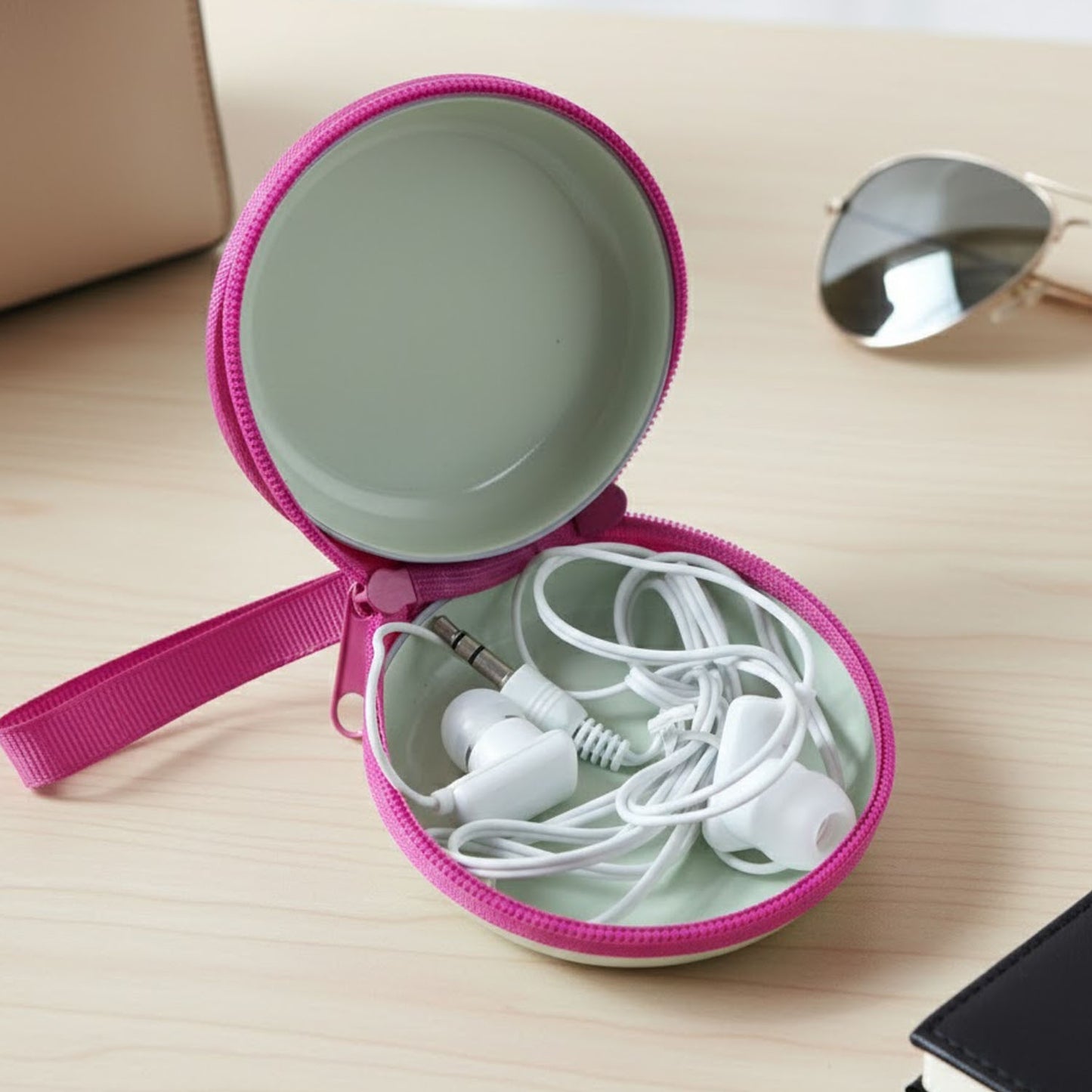 Portable Round Earphone Carry Case With Wired Earphones Set (1 Set)