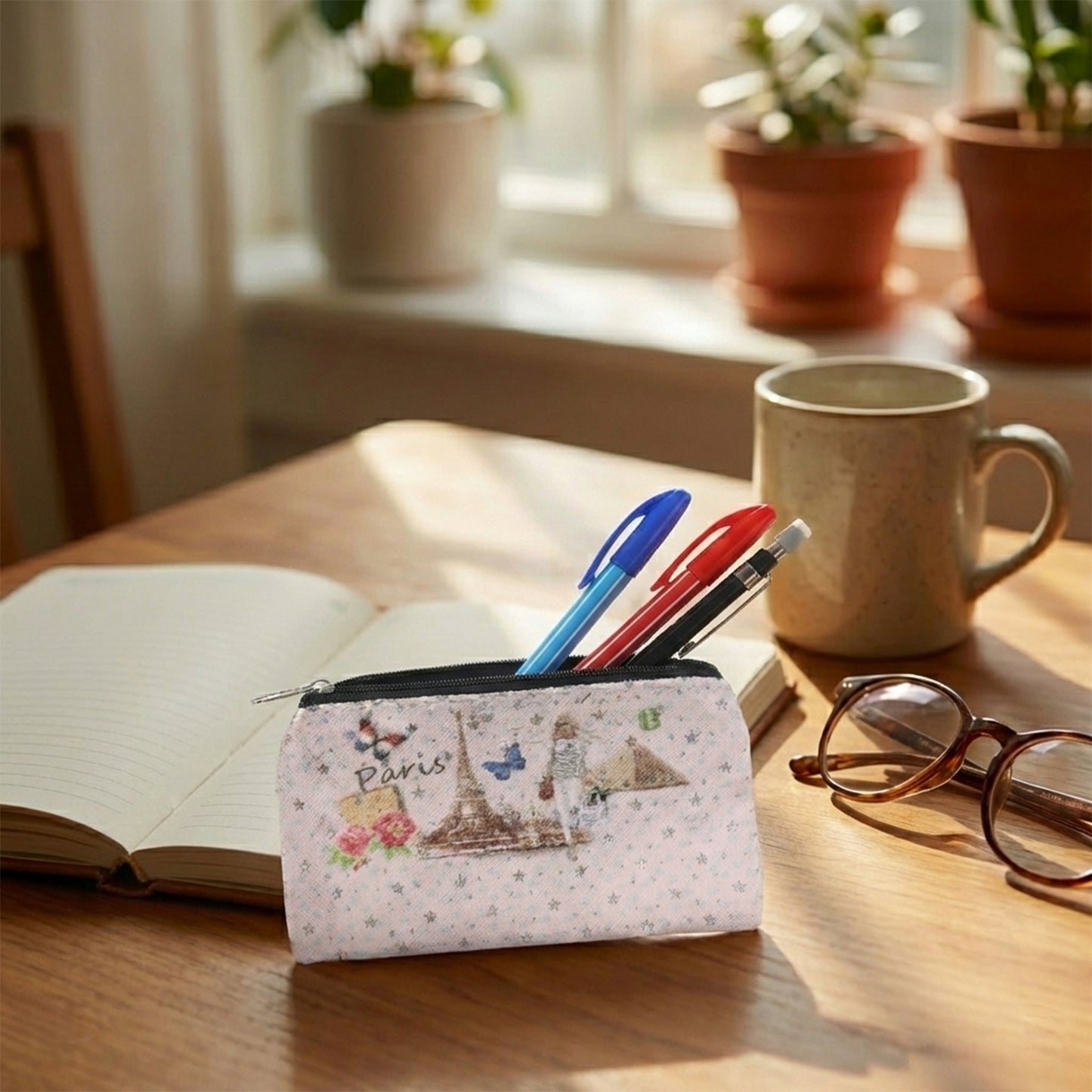Small Paris Print Zipper Coin  Stationery Pouch (1 Pc)