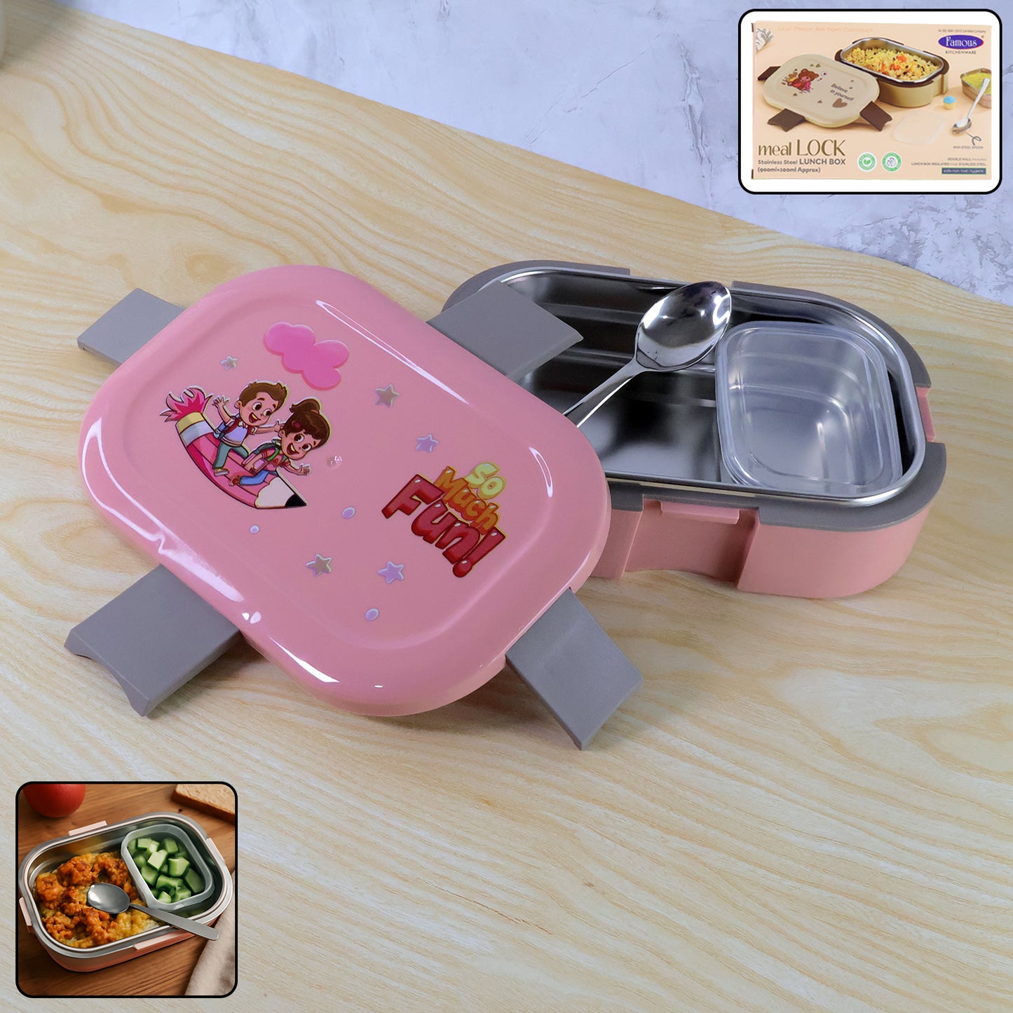 Kids Cartoon Lunch Box Set With Stainless-steel Inner Tray (1 Set)