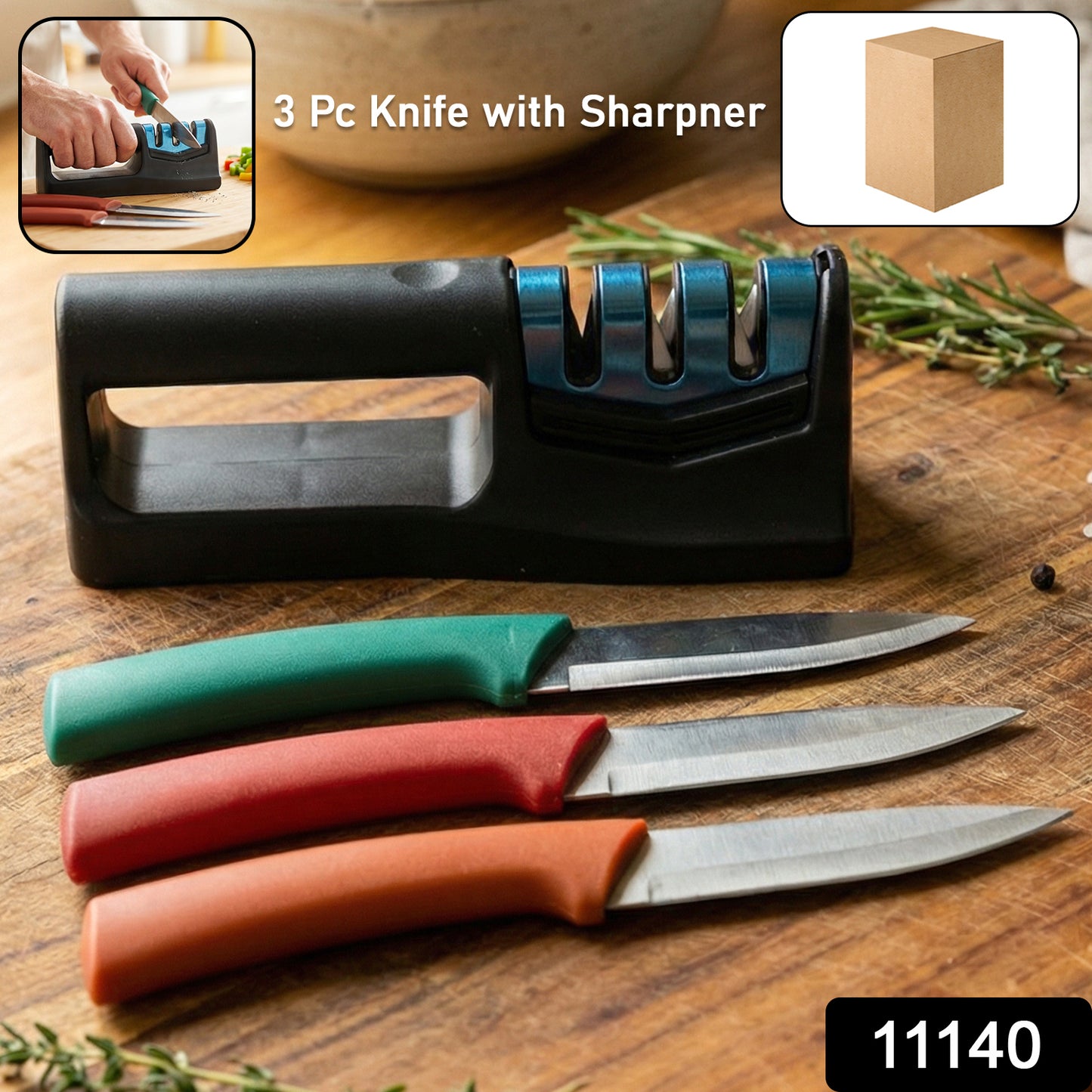 Multipurpose Kitchen Knife Set With Knife Sharpener (3 Pc Knife With Sharpener)