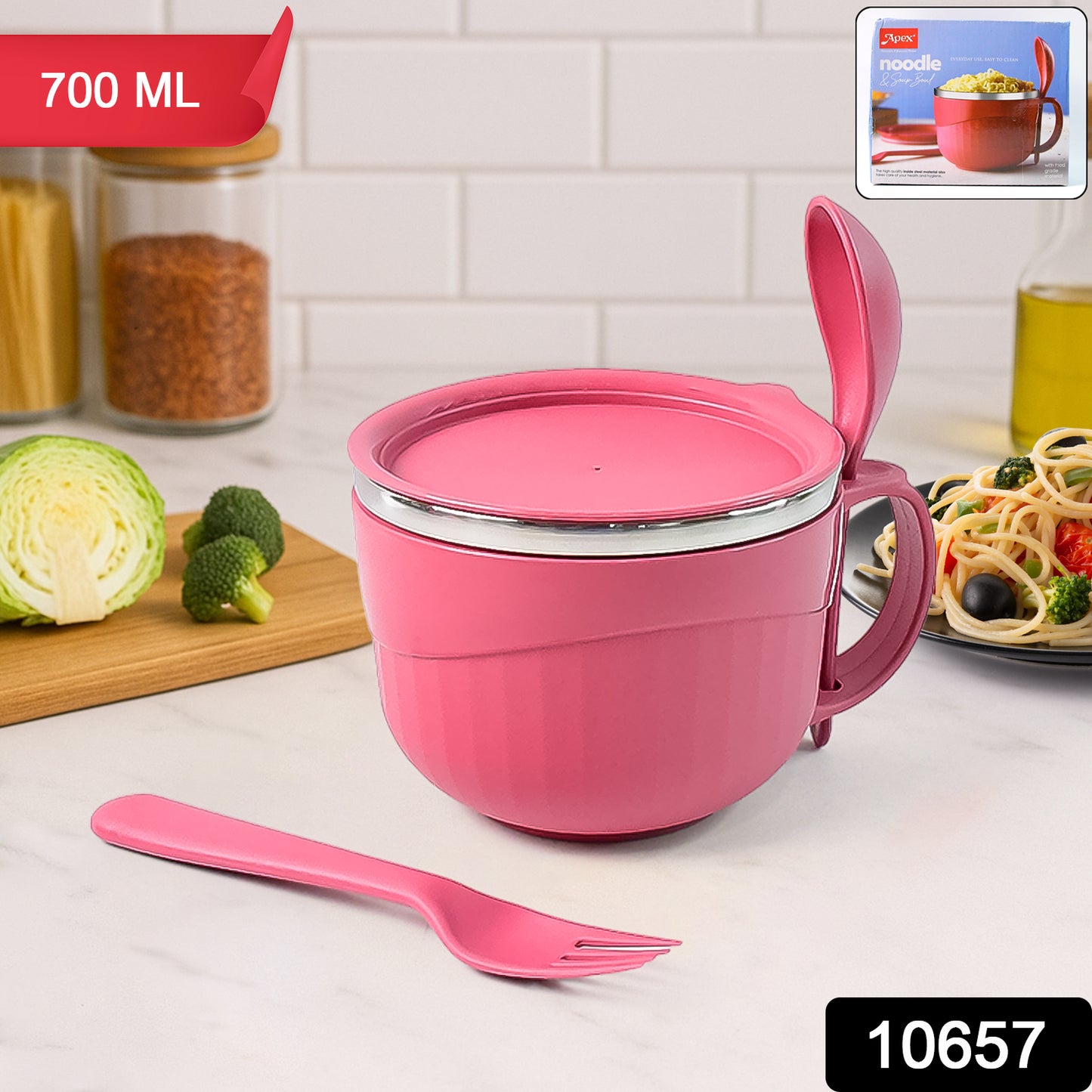 Apex Premium 700 Ml Multipurpose Noodle Bowl With Handle Lid And Fork