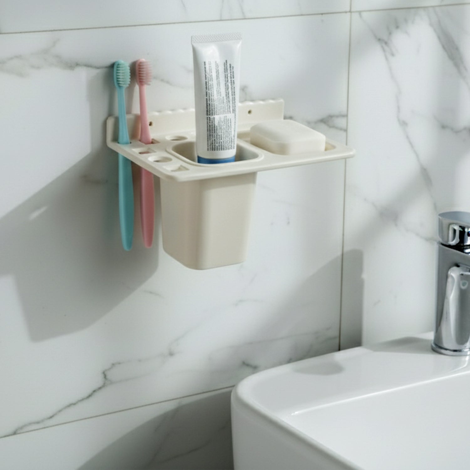 3in1 Wall Mounted Multi-compartment Toothbrush  Soap Holder With Cup (1 Pc)