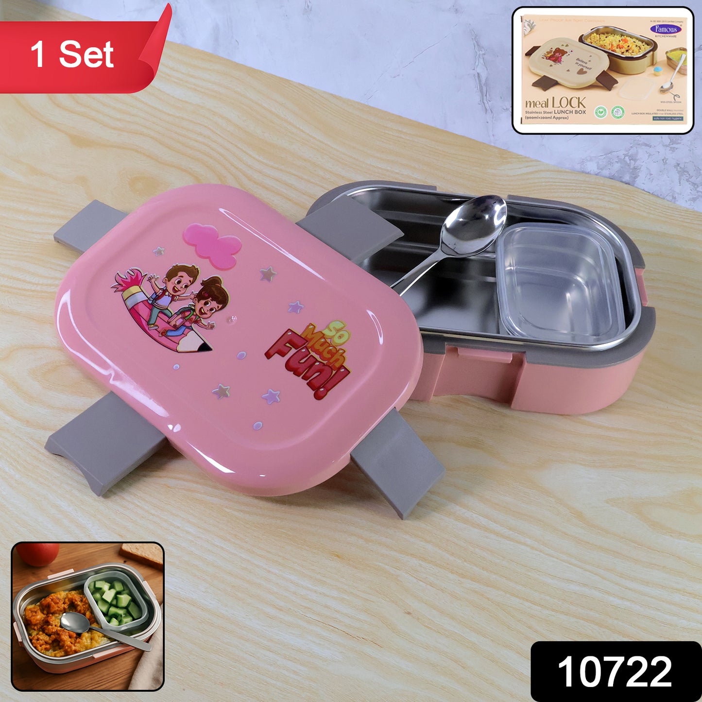 Kids Cartoon Lunch Box Set With Stainless-steel Inner Tray (1 Set)
