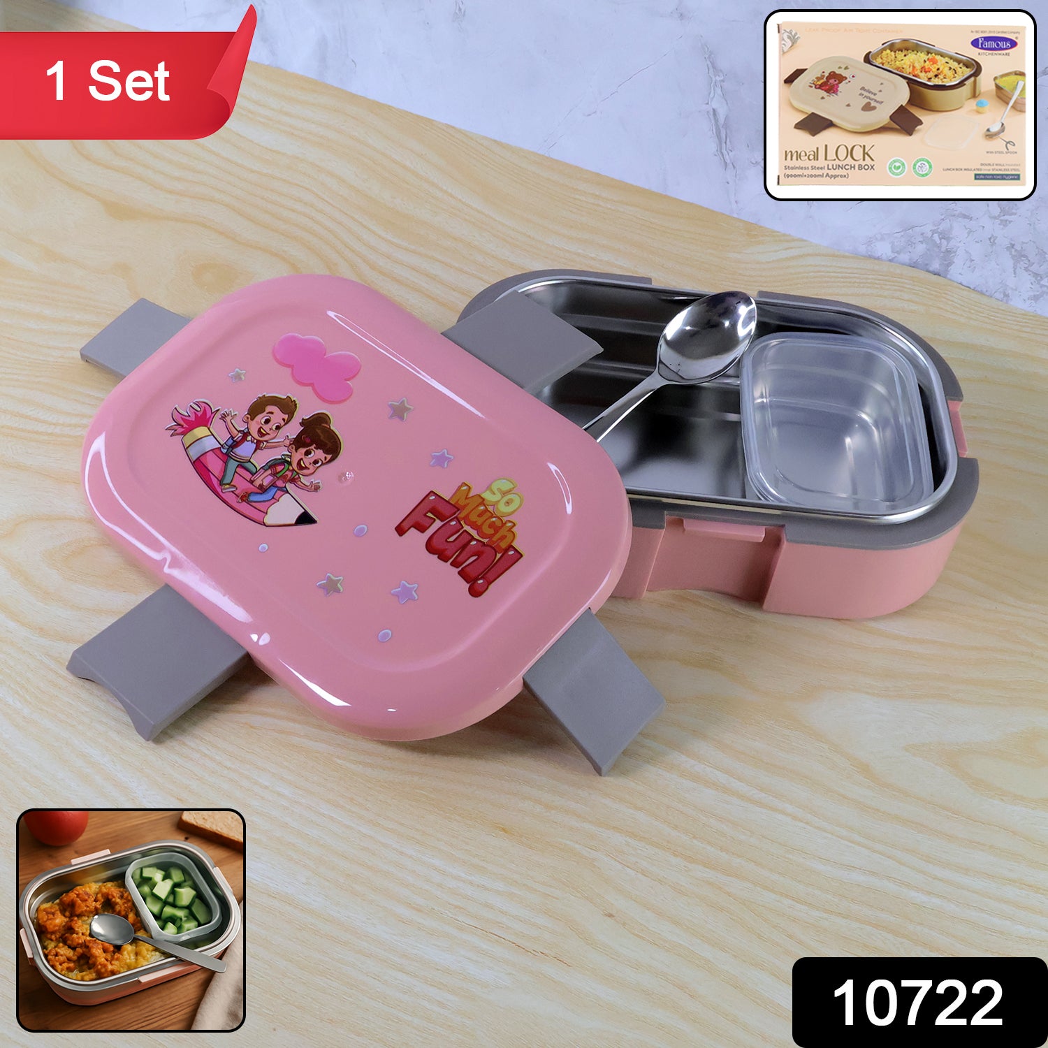 Kids Cartoon Lunch Box Set With Stainless-steel Inner Tray (1 Set)