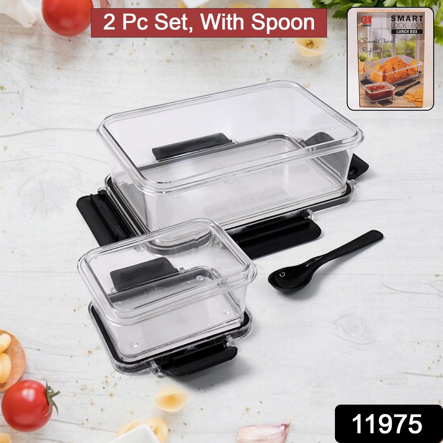 Plastic Kitchen Storage Container Big 800 Ml  Small 250 Ml With Air Seal Lock Lid  Spoon