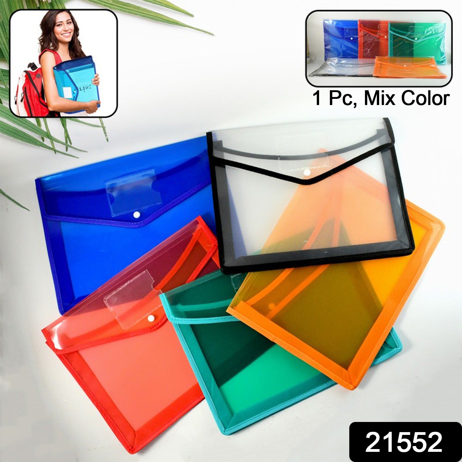 Transparent Document File Folder  Multi-color Button Closure File Bags (1 Pc  Mix Color)