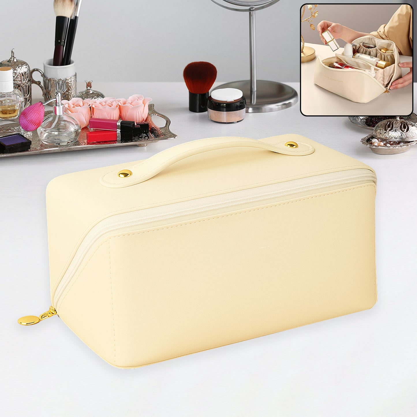 Premium Cream Travel Makeup  Toiletry Organizer Pouch With Zipper  Handle (1 Pc)