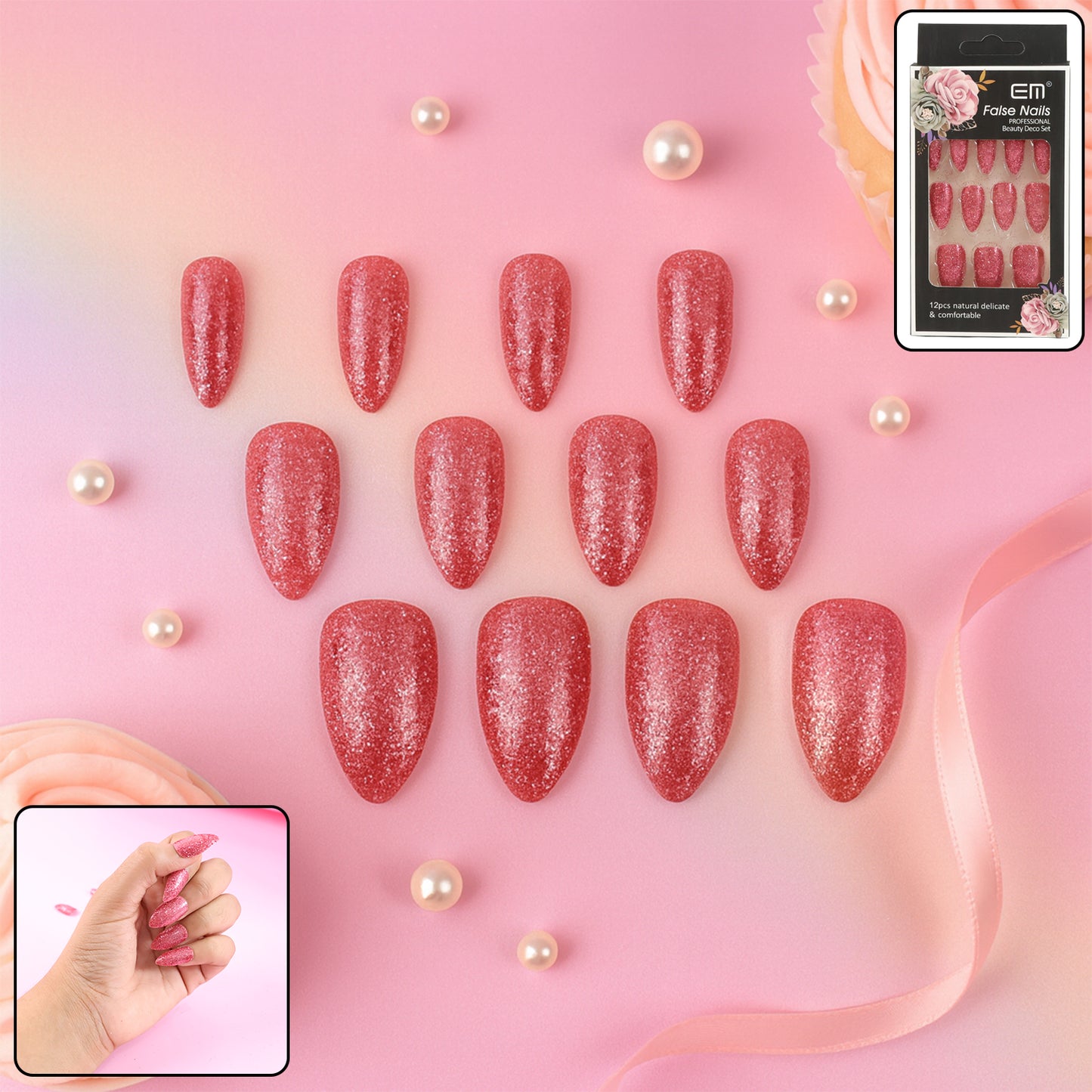 Glitter Press-on False Nails - (1 Set  Mix Color  Design)