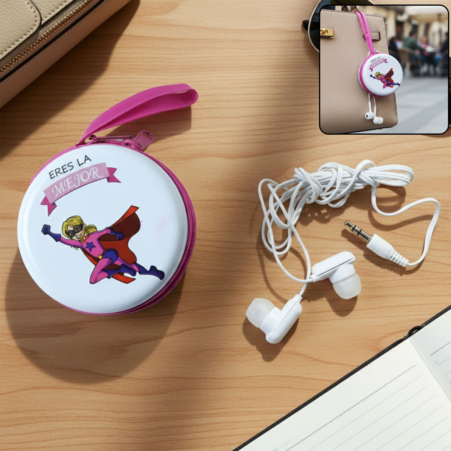 Portable Round Earphone Carry Case With Wired Earphones Set (1 Set)
