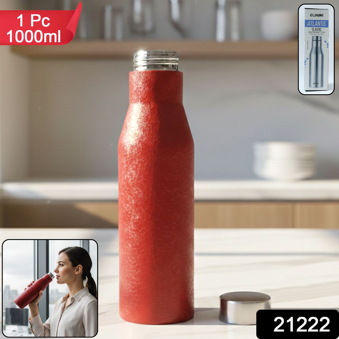 Stainless Steel Water Bottle Red Color (1000 Ml 1 Pc)